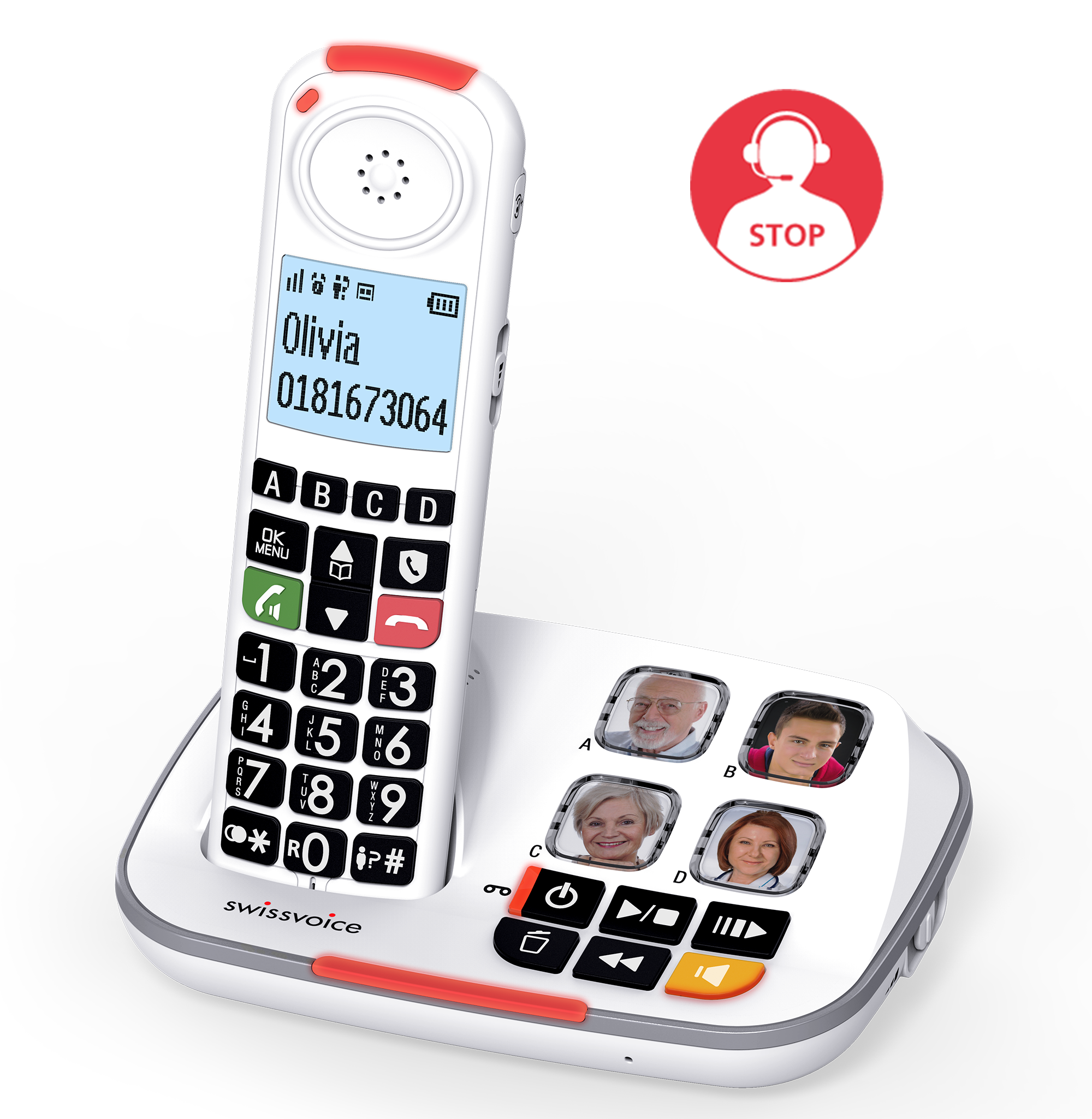 Telefono cordless bianco su base. Display mostra nome e numero. Icona stop rossa.