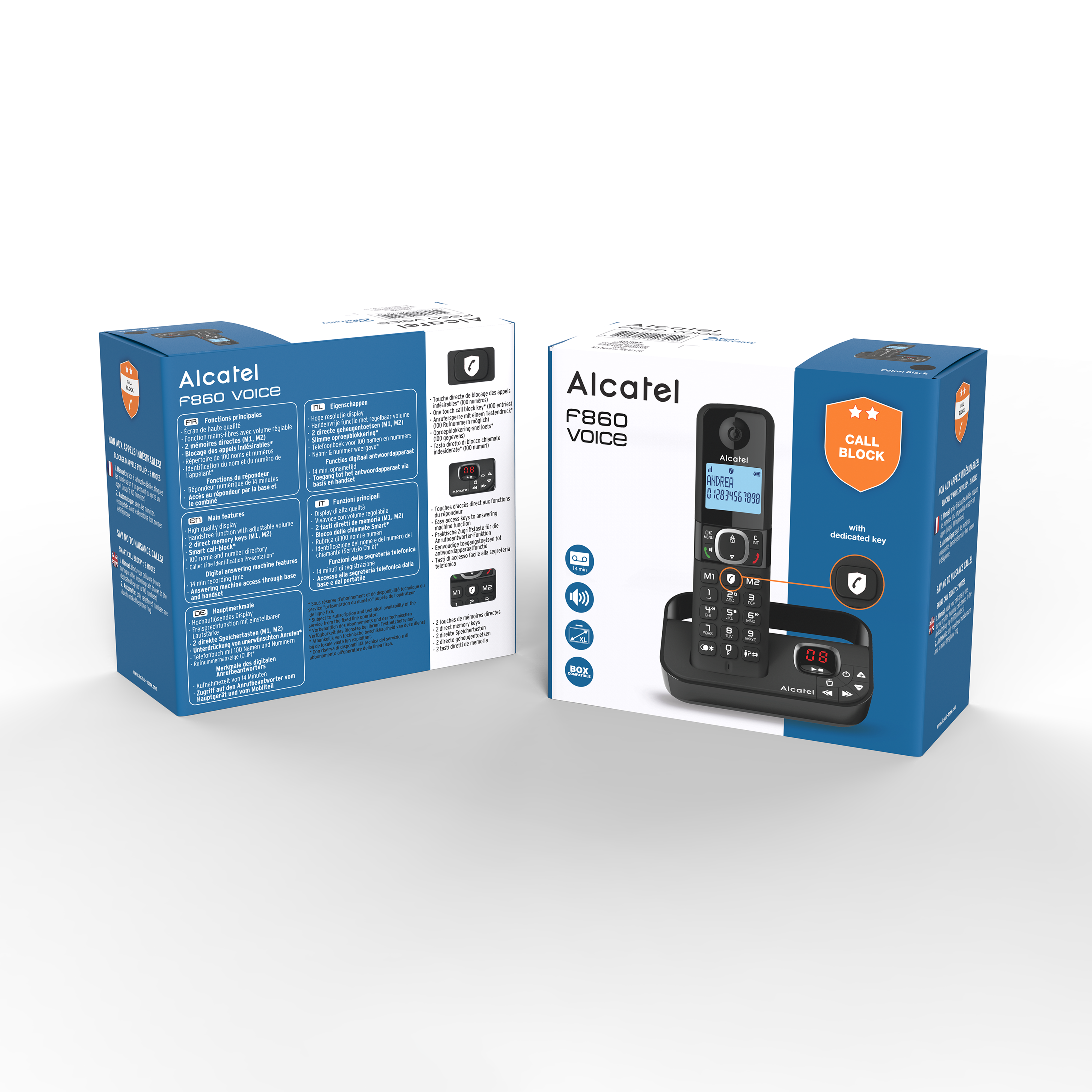 Boîte de téléphone Alcatel F860 Voice avec téléphone et informations.