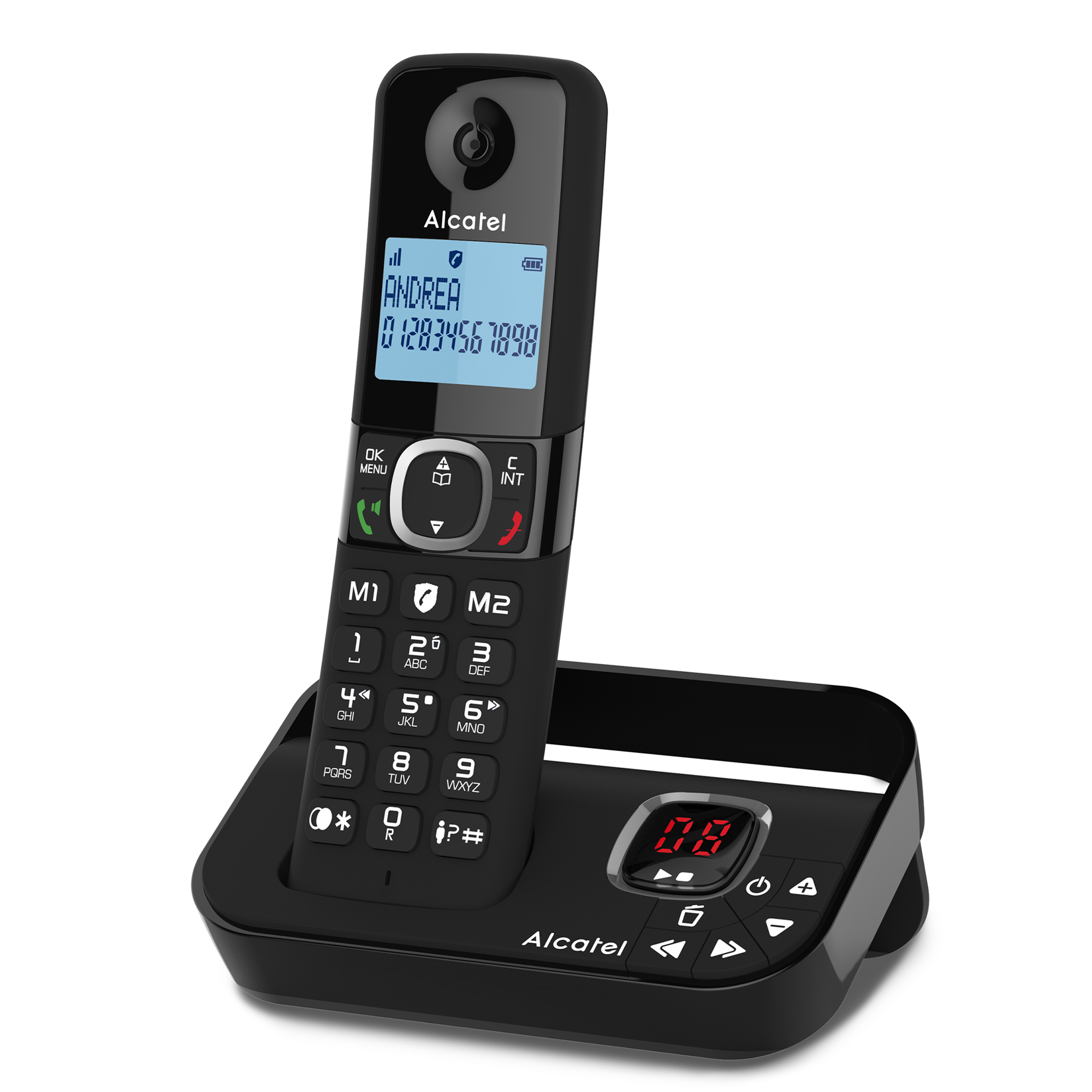 Schwarzes schnurloses Telefon mit Basisstation, die eine Nummer und einen Namen anzeigt. Weißer Hintergrund.