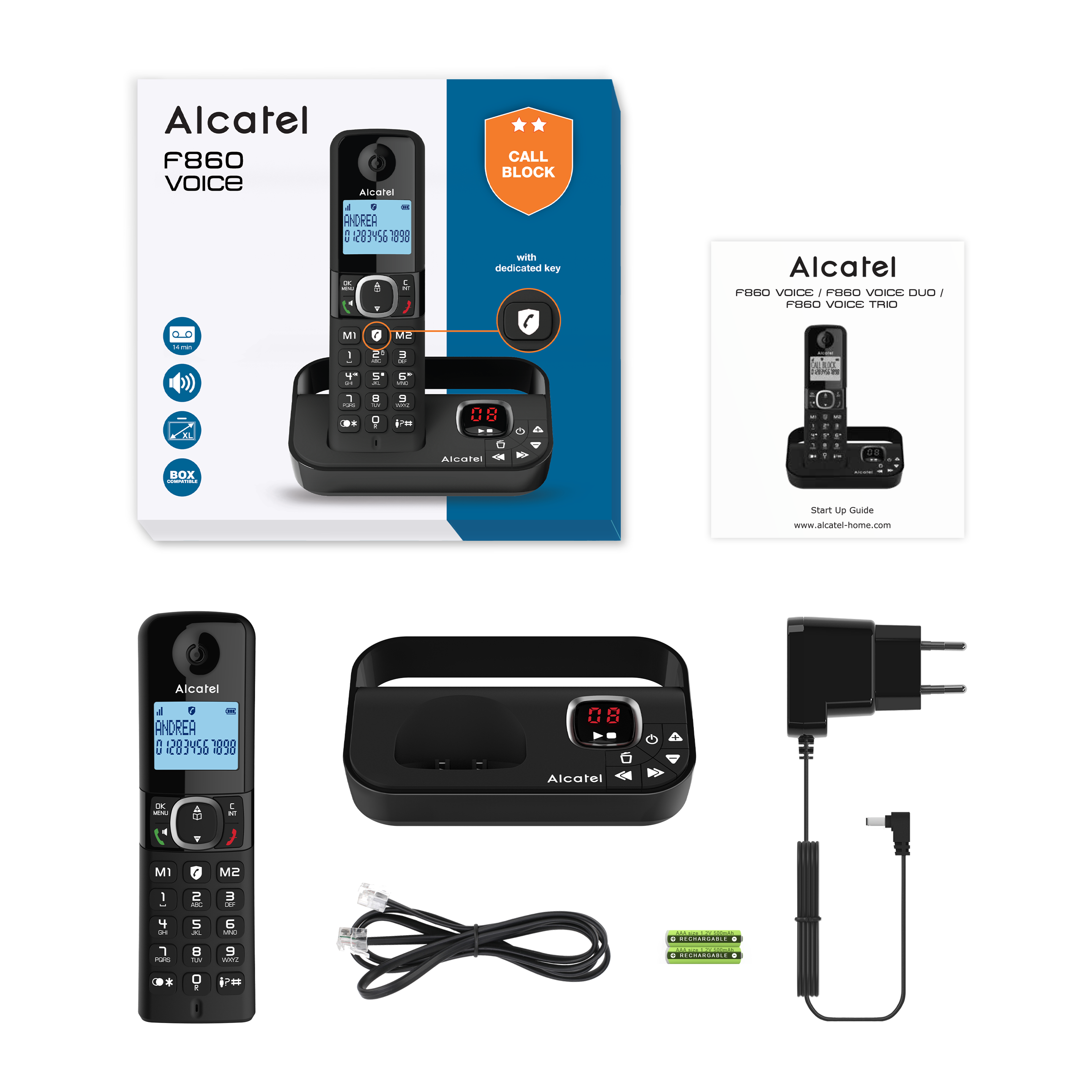 Ensemble téléphonique Alcatel F860 Voice avec boîte, téléphone, base, chargeur et accessoires.
