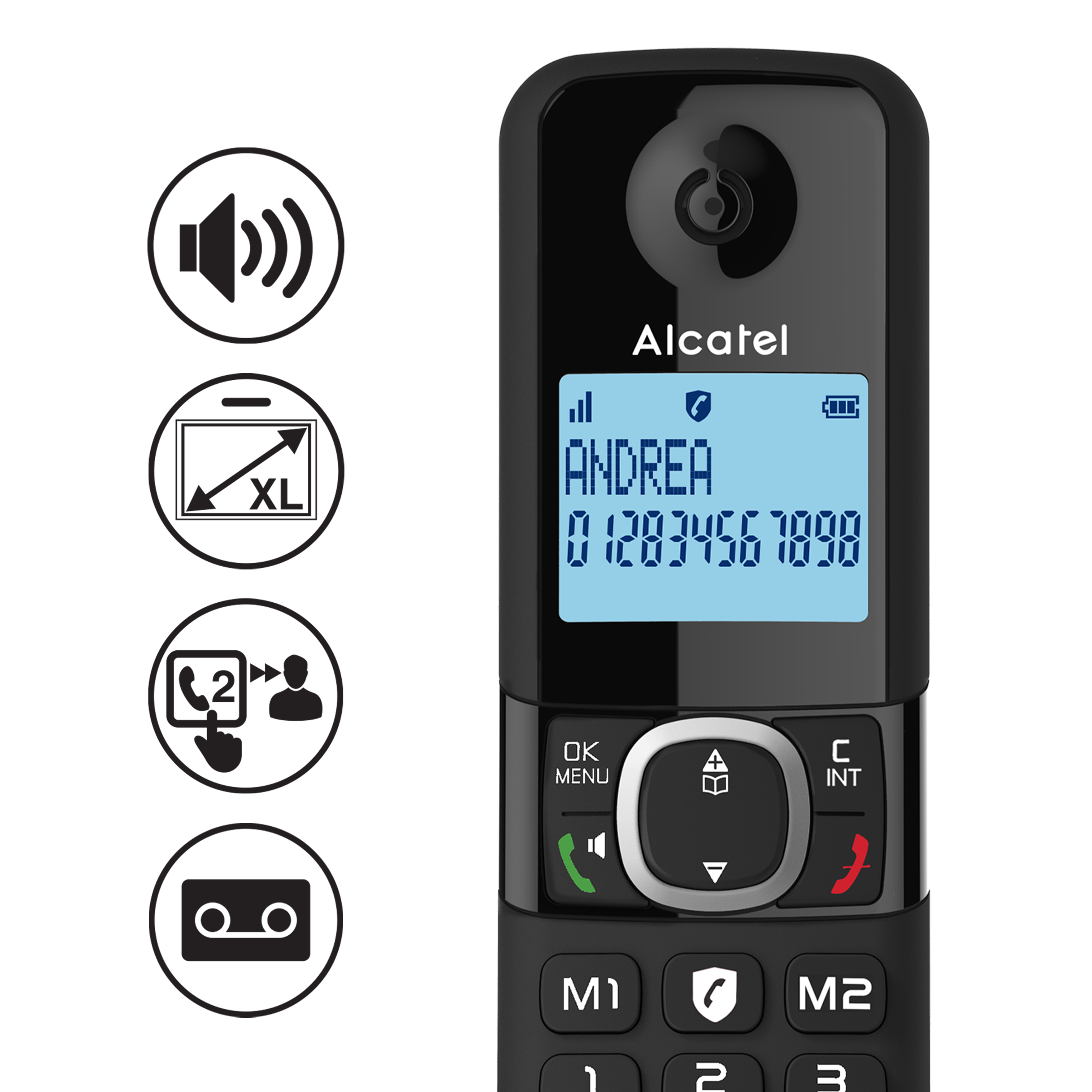 Zwarte Alcatel-telefoon met scherm met contact en nummer. Pictogrammen voor volume, schermgrootte en een bandje.