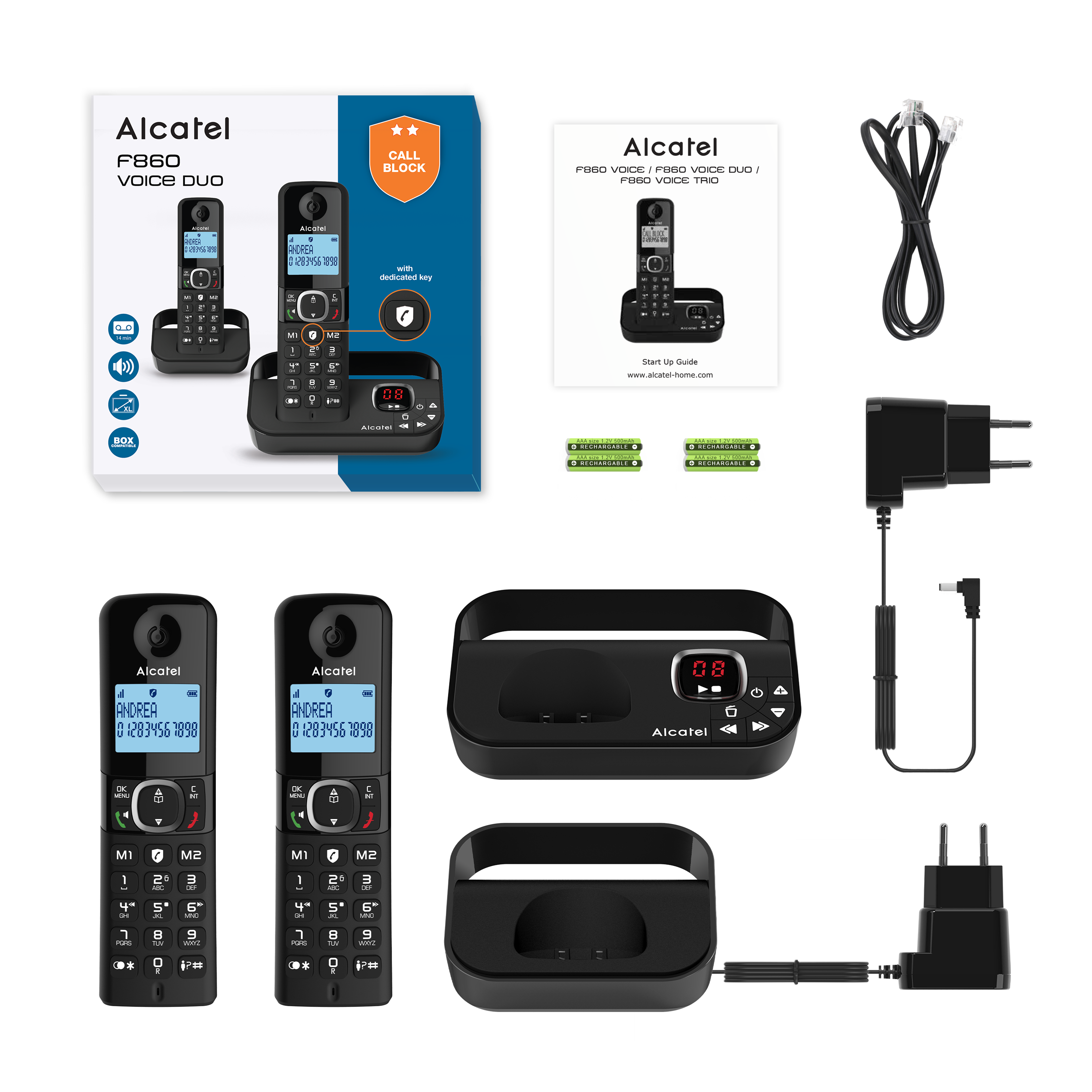 Multiple Alcatel cordless phones and accessories on a white background.