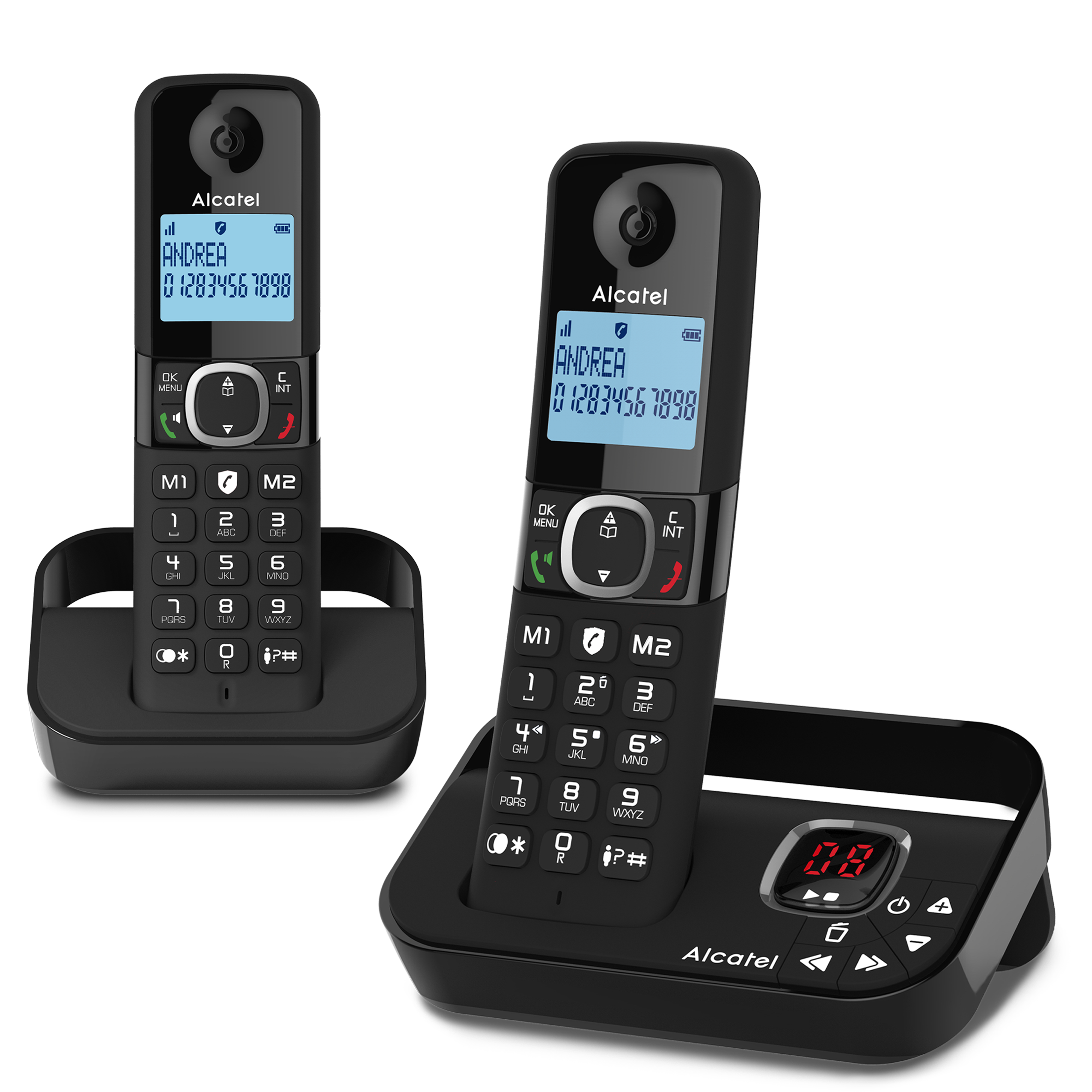 Two black cordless phones with base stations. Displays show 'Andrea' and a phone number.