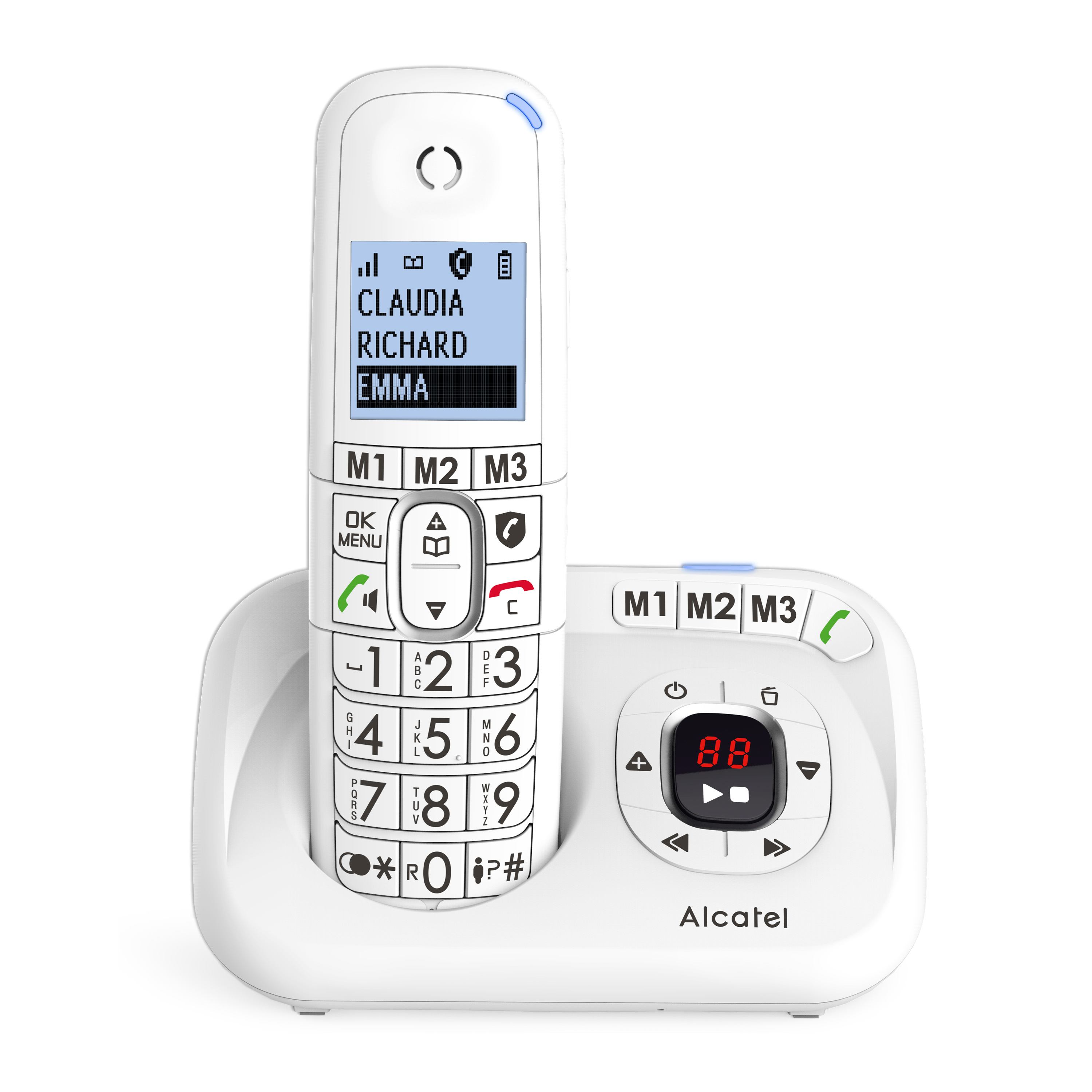 Witte draadloze telefoon met basis. Display toont contacten. Knoppen: M1, M2, M3, OK en nummers.