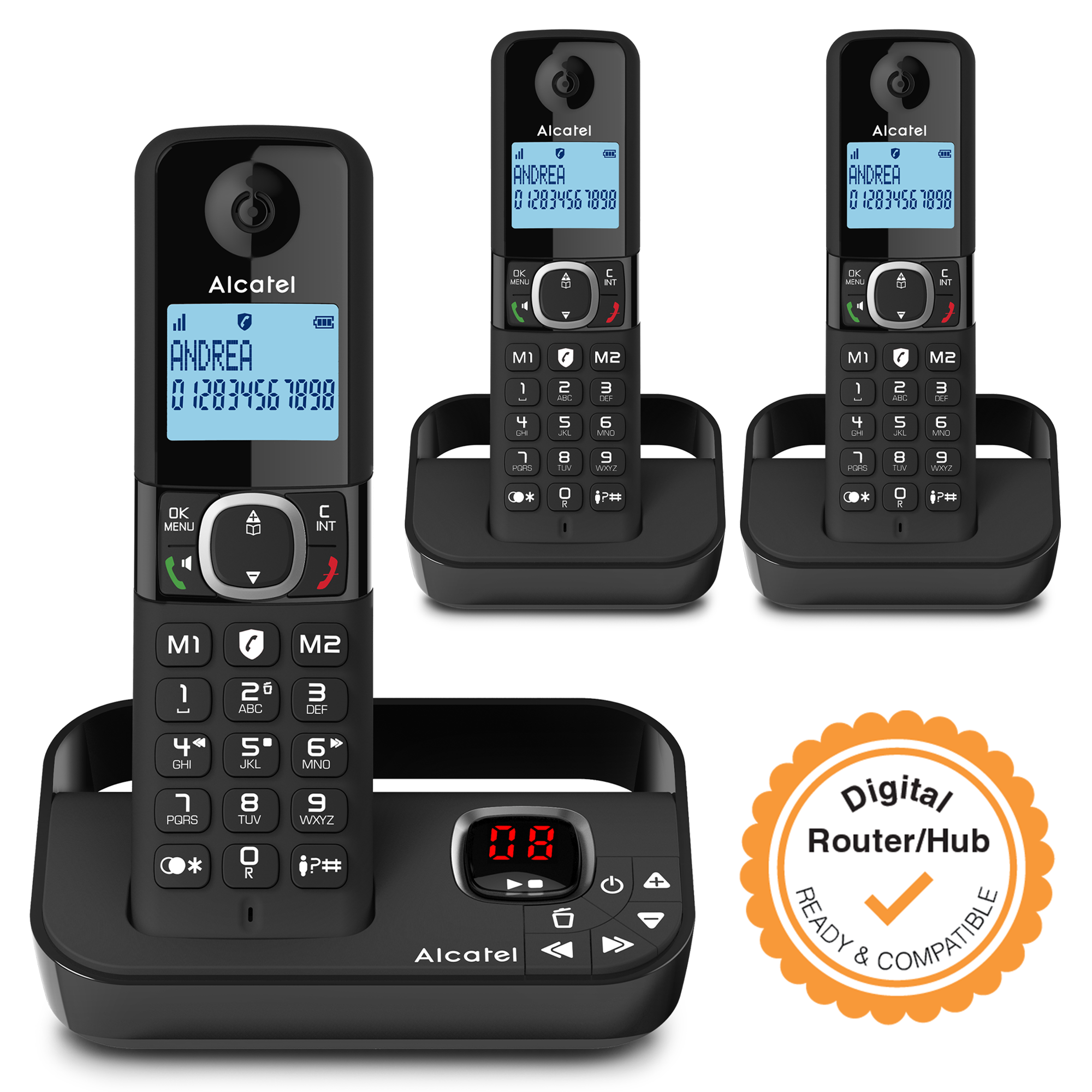 Drie zwarte vaste telefoons op een oplader. Eén telefoon staat op de basis.