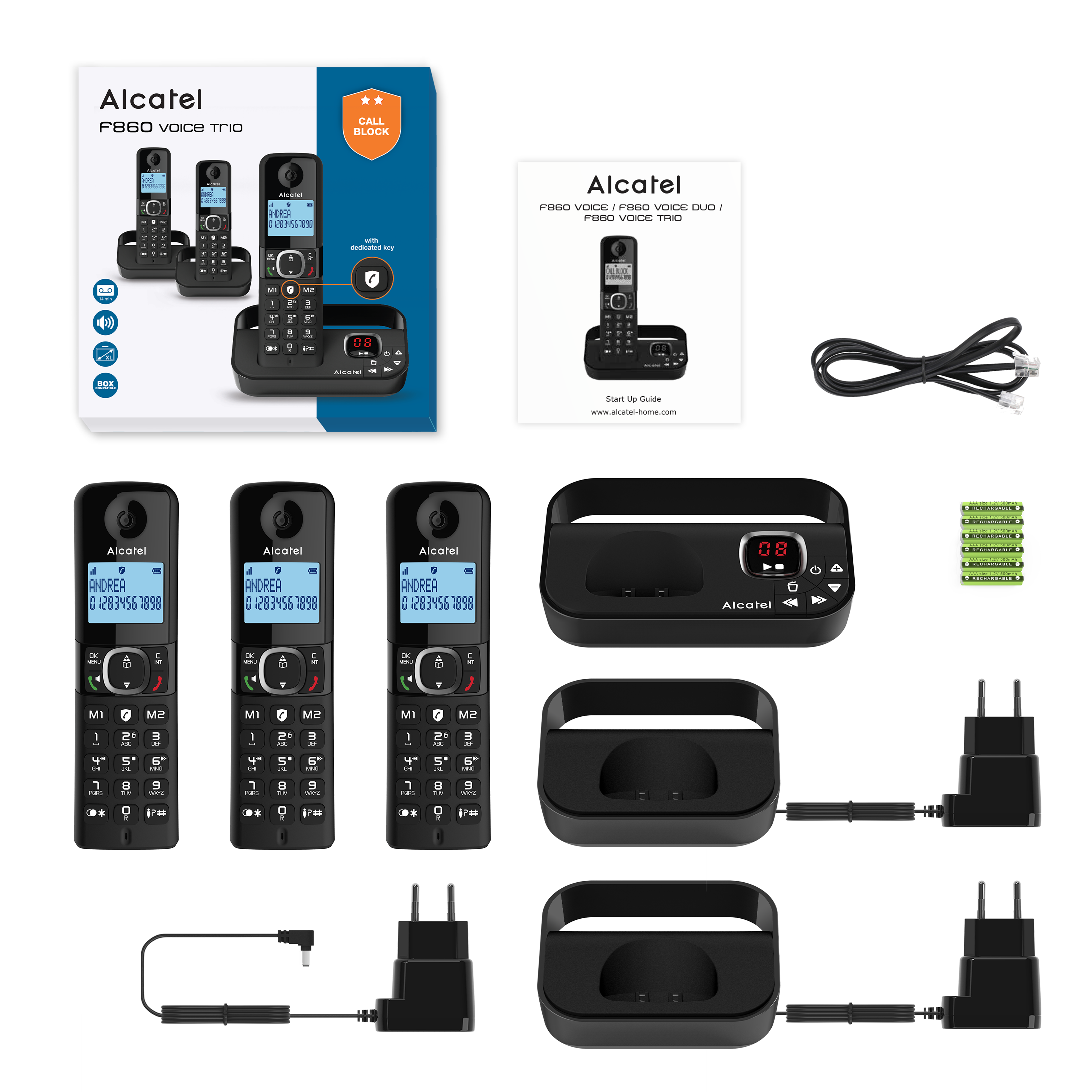 Een productdoos toont drie zwarte draadloze telefoons, opladers en een handleiding op wit.