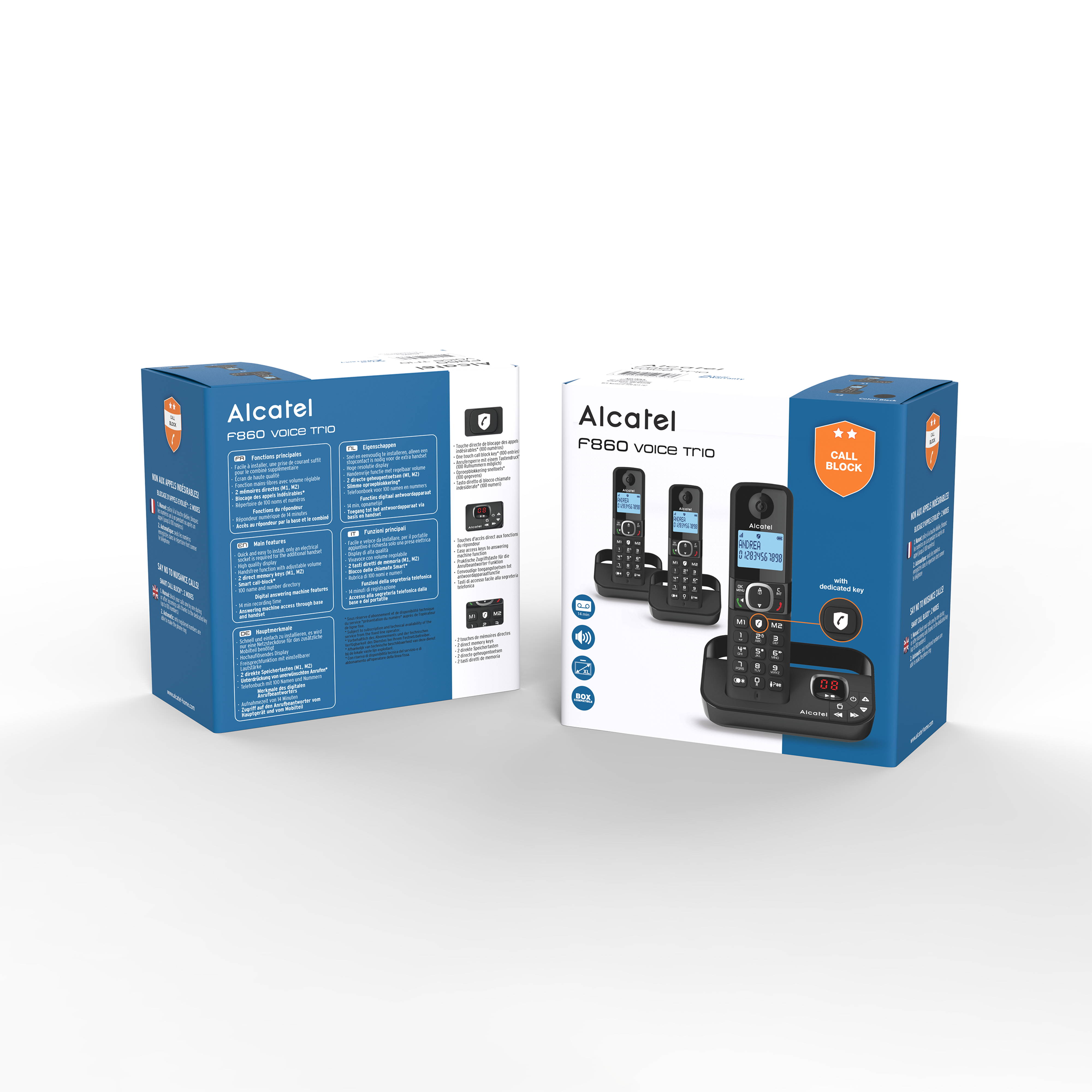 Twee productdozen tonen zwarte draadloze telefoons en functies op een witte achtergrond.