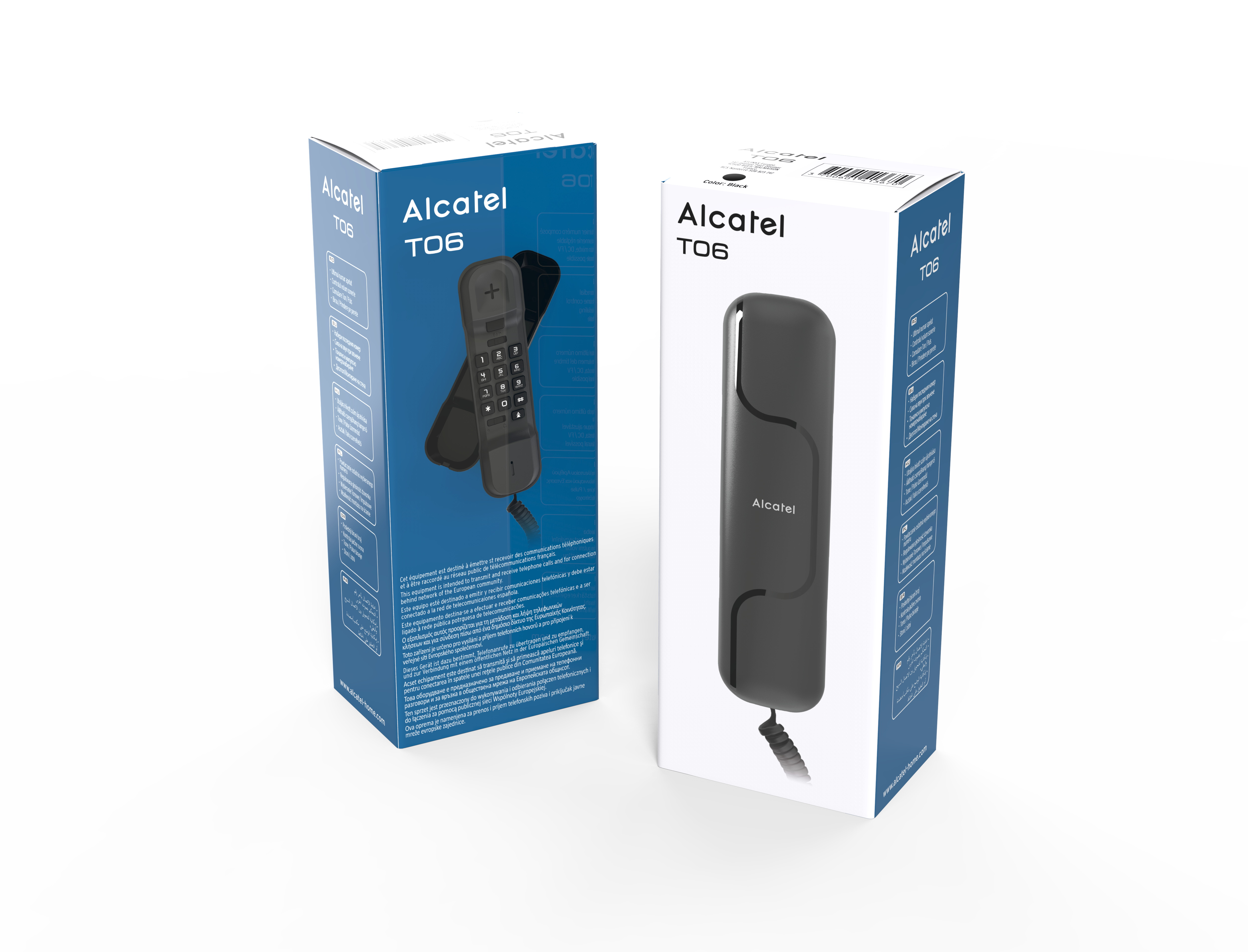 Dwa pudełka telefonu Alcatel T06, jedno otwarte. Pudełka są niebieskie z obrazami telefonów.