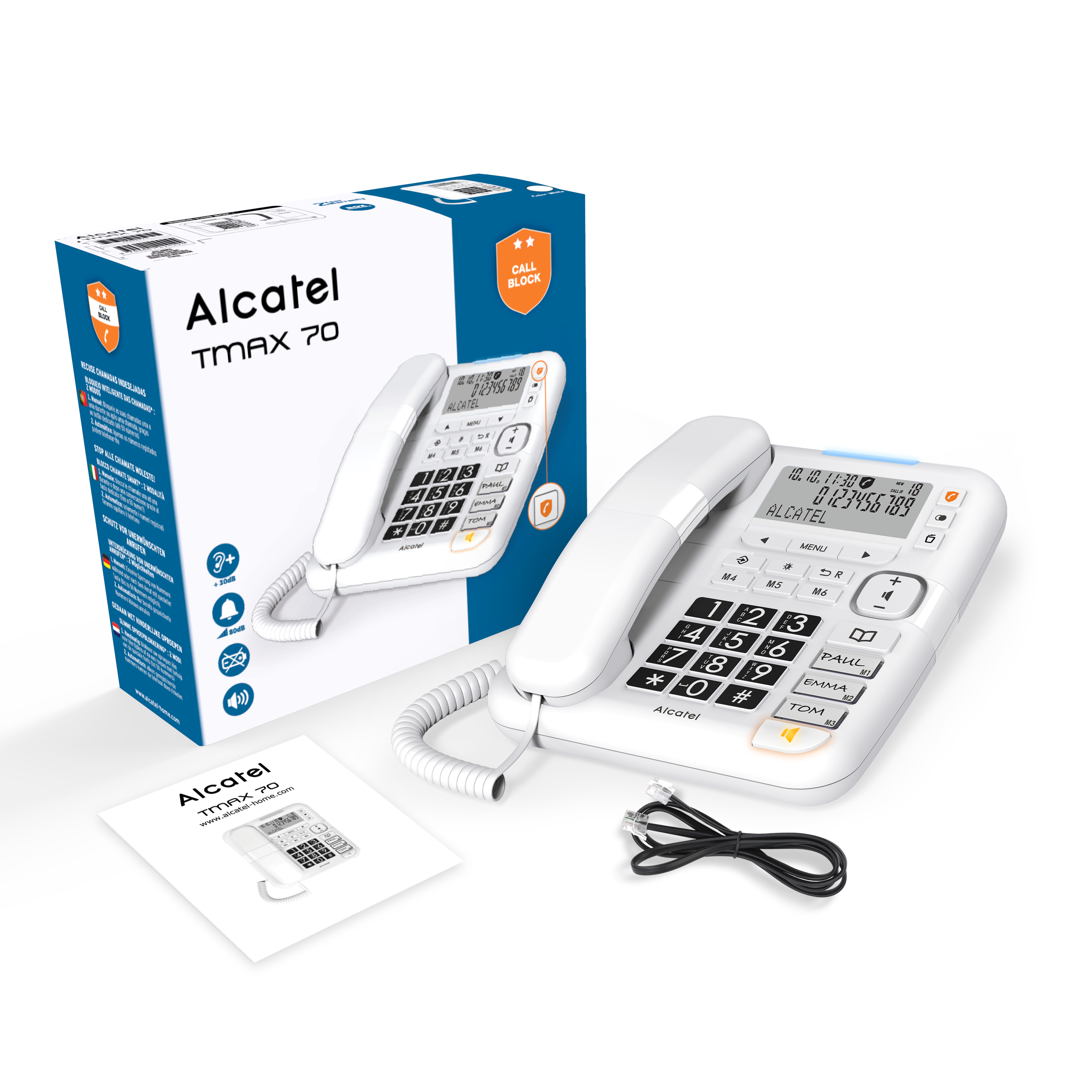 Witte Alcatel TMAX 70 telefoon en doos, met accessoires. De telefoon staat op een witte ondergrond.