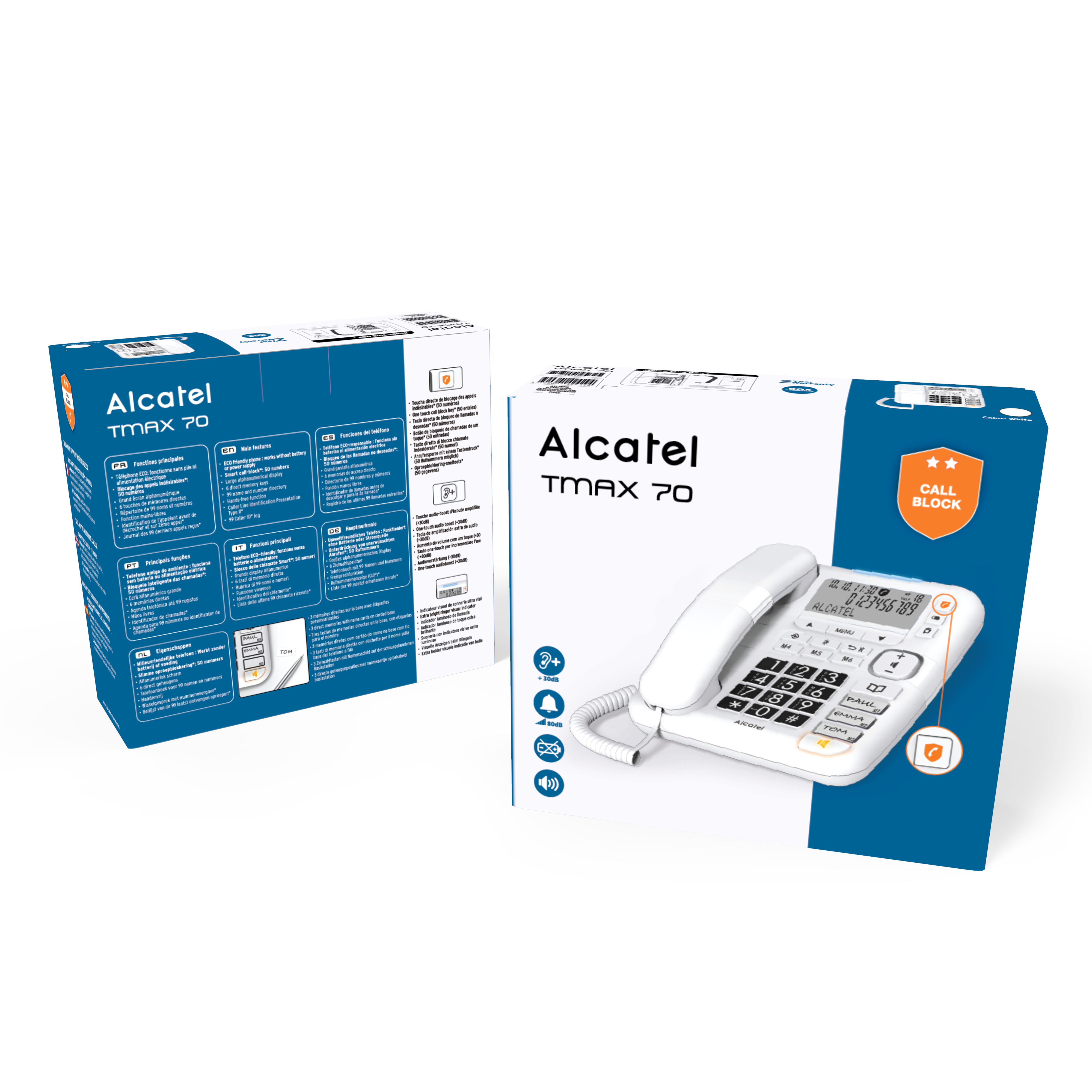 Twee Alcatel TMAX 70 telefoonboxen. Eén telefoon. Witte achtergrond.