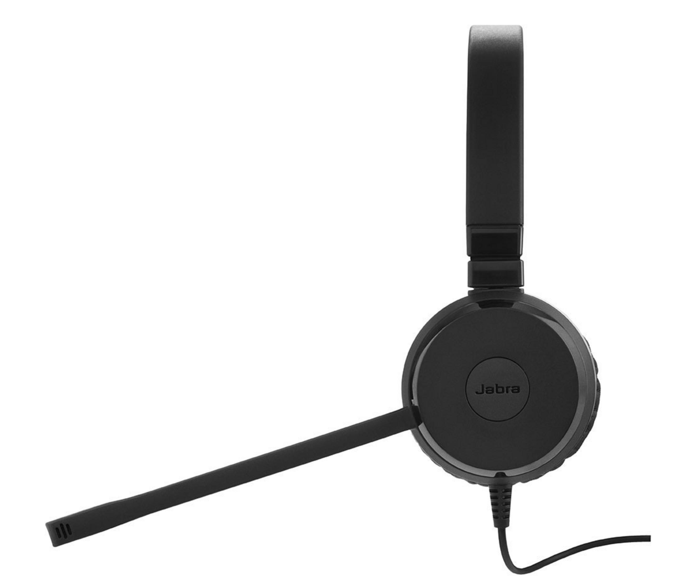 Schwarzes Jabra-Headset mit Mikrofon und Kabel auf weißem Hintergrund.