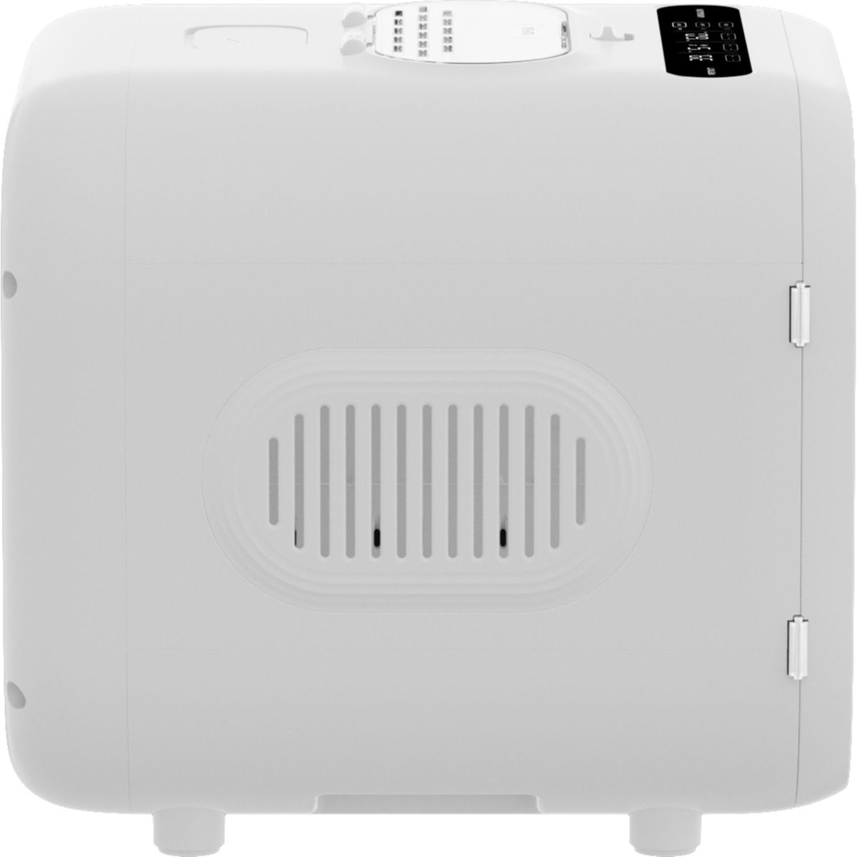 Białe, zaokrąglone pudełko z otworem wentylacyjnym. Posiada wyświetlacz cyfrowy i dwoje drzwi.