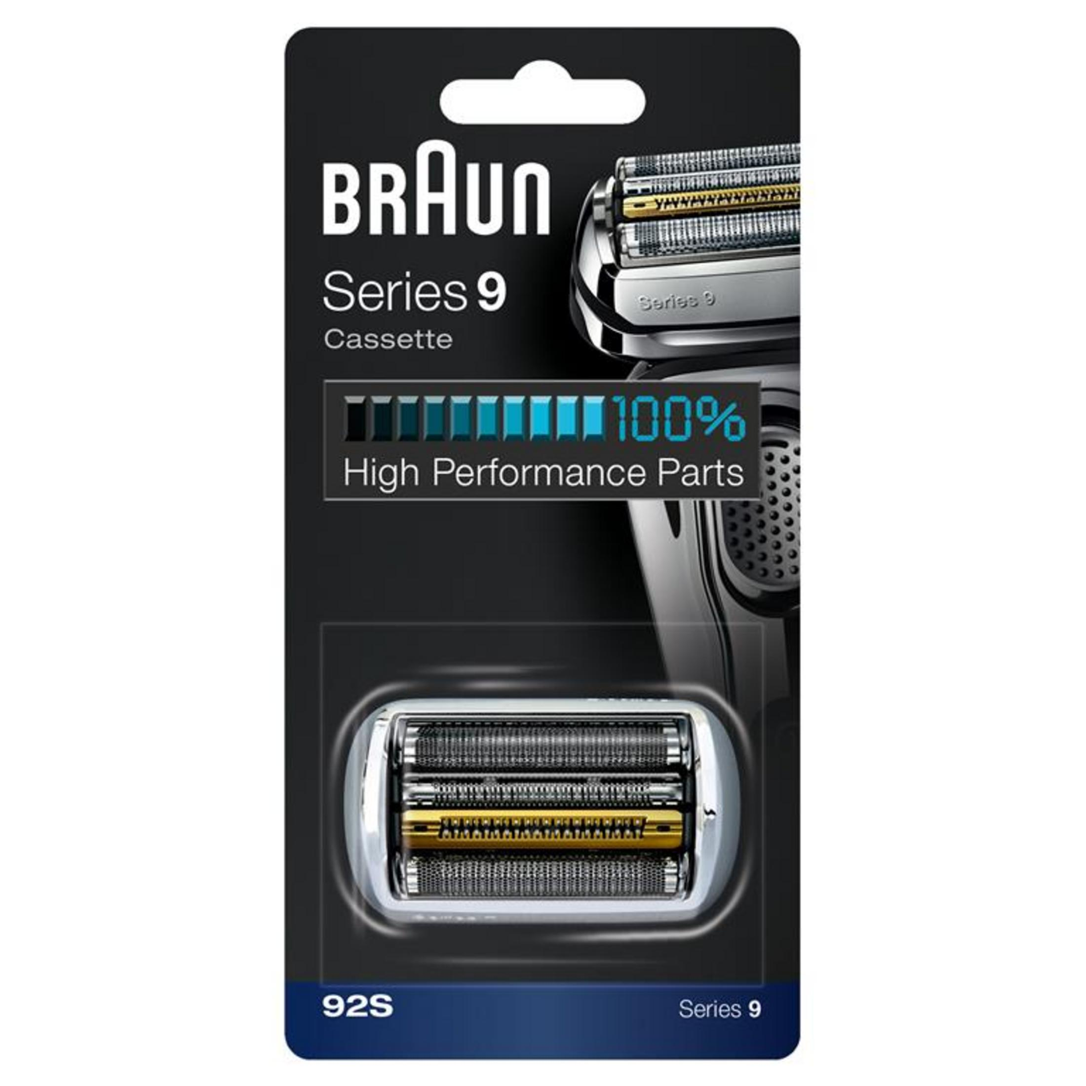 Braun Series 9 tıraş başlığı ambalajı, tıraş başlığı ve '100% High Performance Parts' ile.