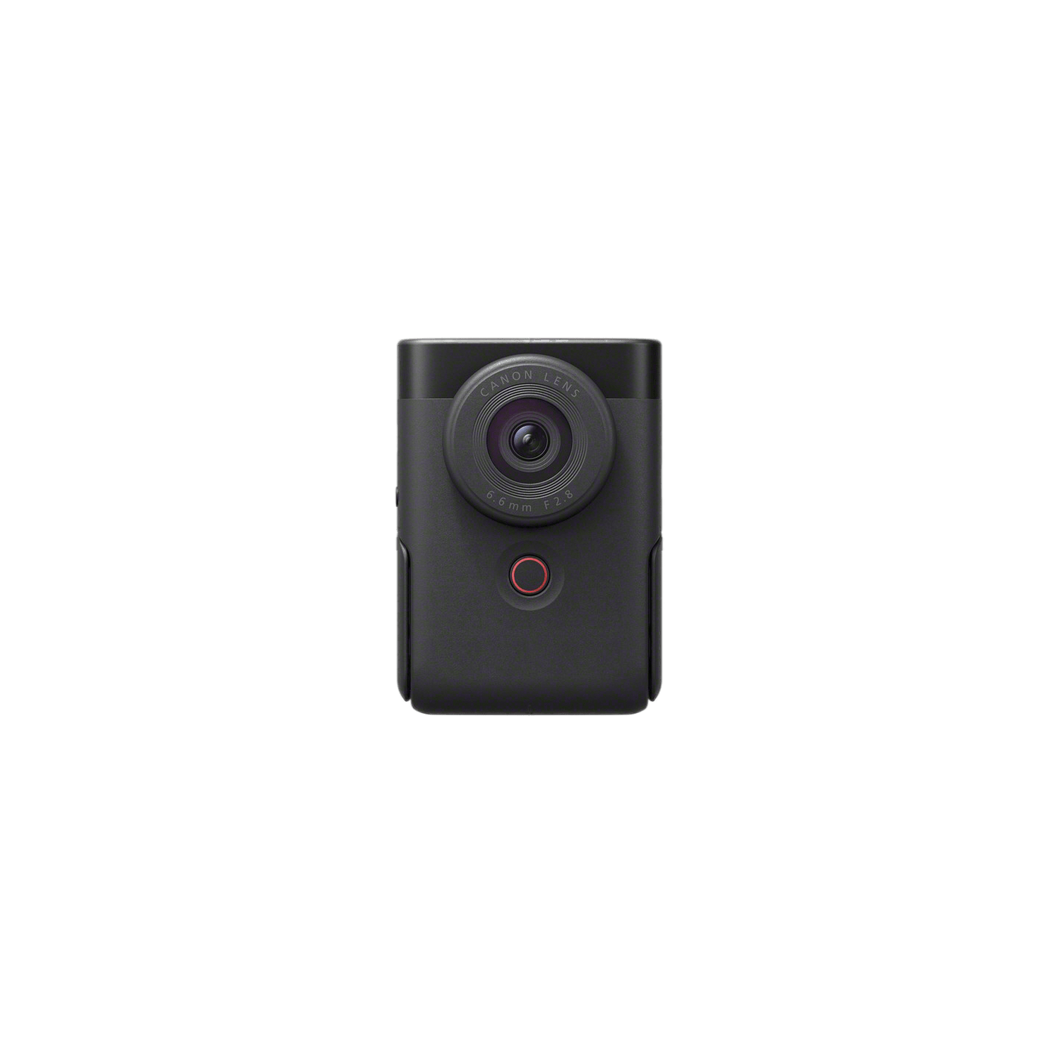 Black camera with a lens and a red button on a black background. The lens is labeled 'CANON LENS'.
