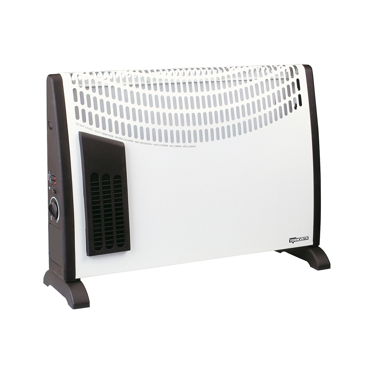 Biało-czarny grzejnik elektryczny. Z przodu ma kratkę i znajduje się na białym tle.