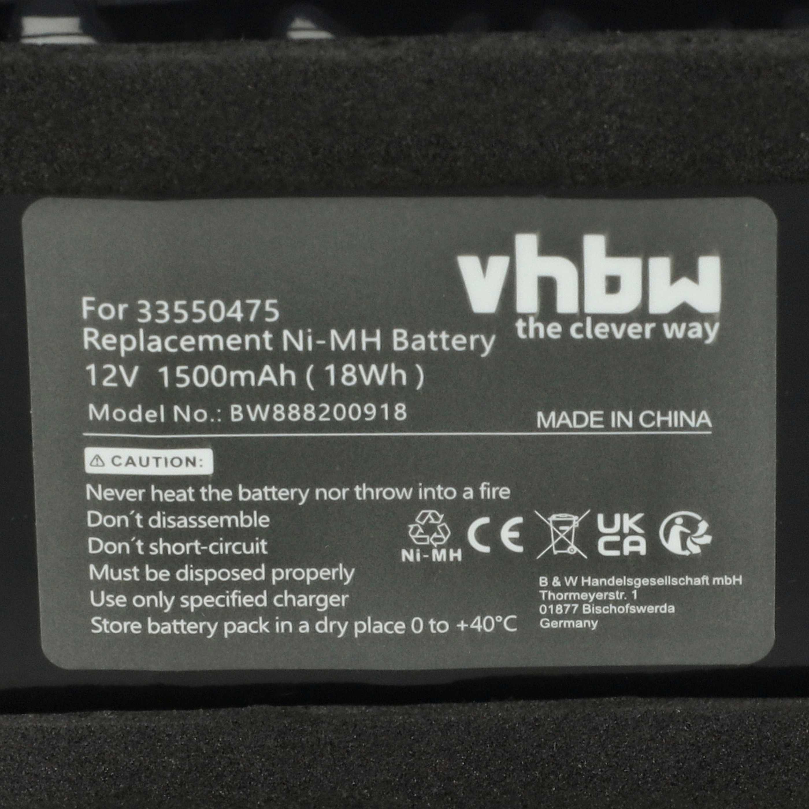 Schwarzer Akku mit Textdetails, einschließlich 'vbhw' und 'MADE IN CHINA', mit Vorsichtshinweisen.