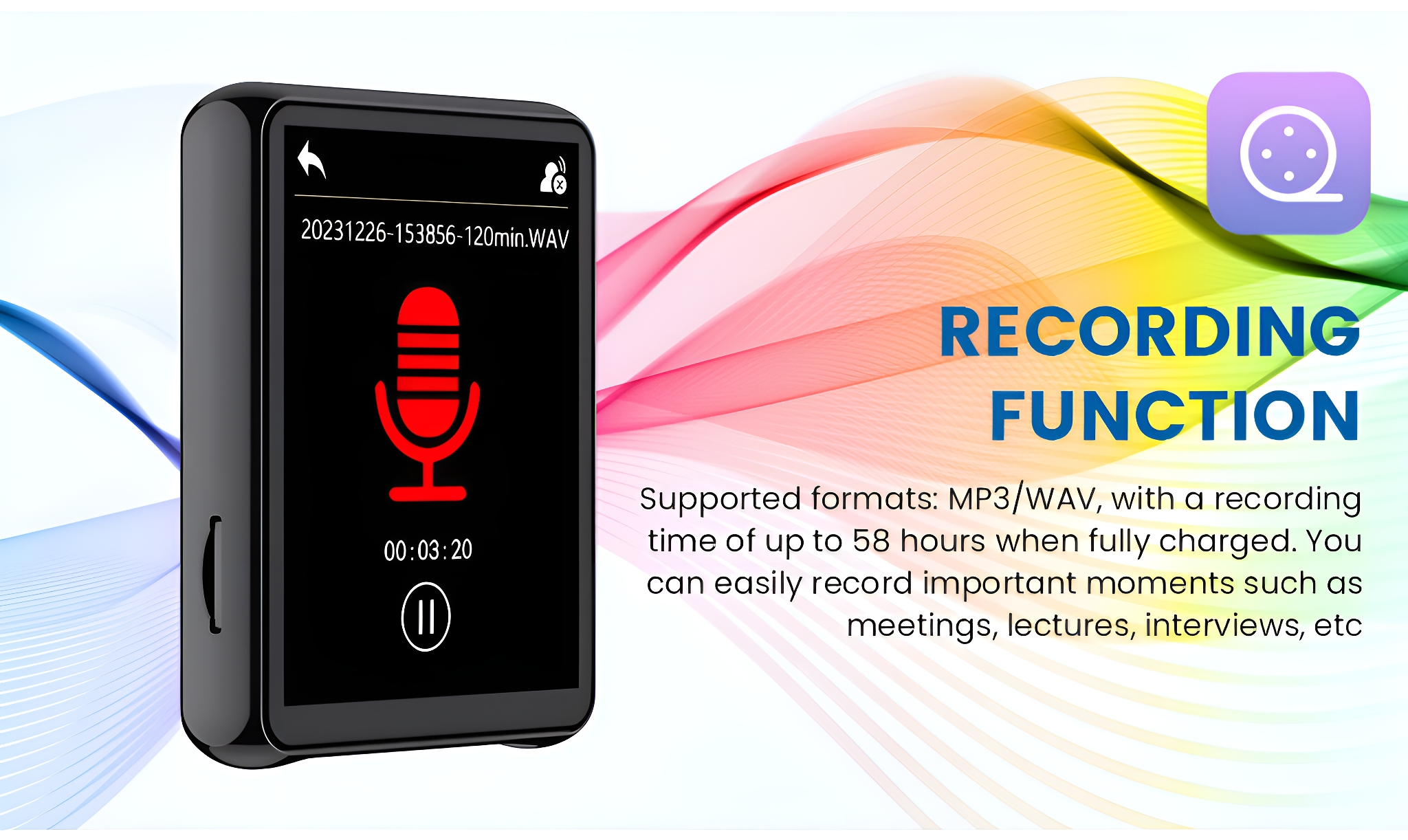 Schwarzer Audiorecorder mit Bildschirm, zeigt eine Aufnahmeschnittstelle mit einem Mikrofonsymbol.