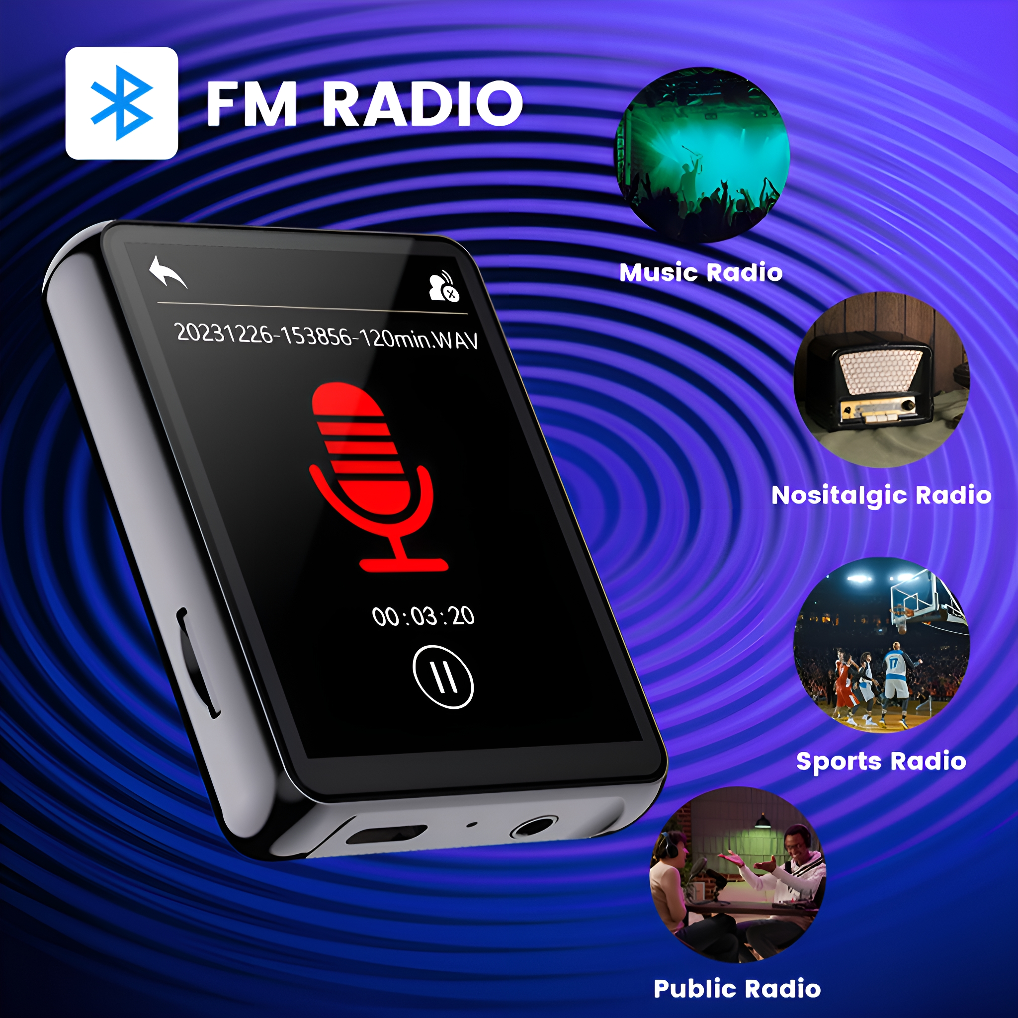 Schwarzer Musikplayer mit Bildschirm, der ein rotes Mikrofonsymbol zeigt. Symbole von Radiotypen drumherum.
