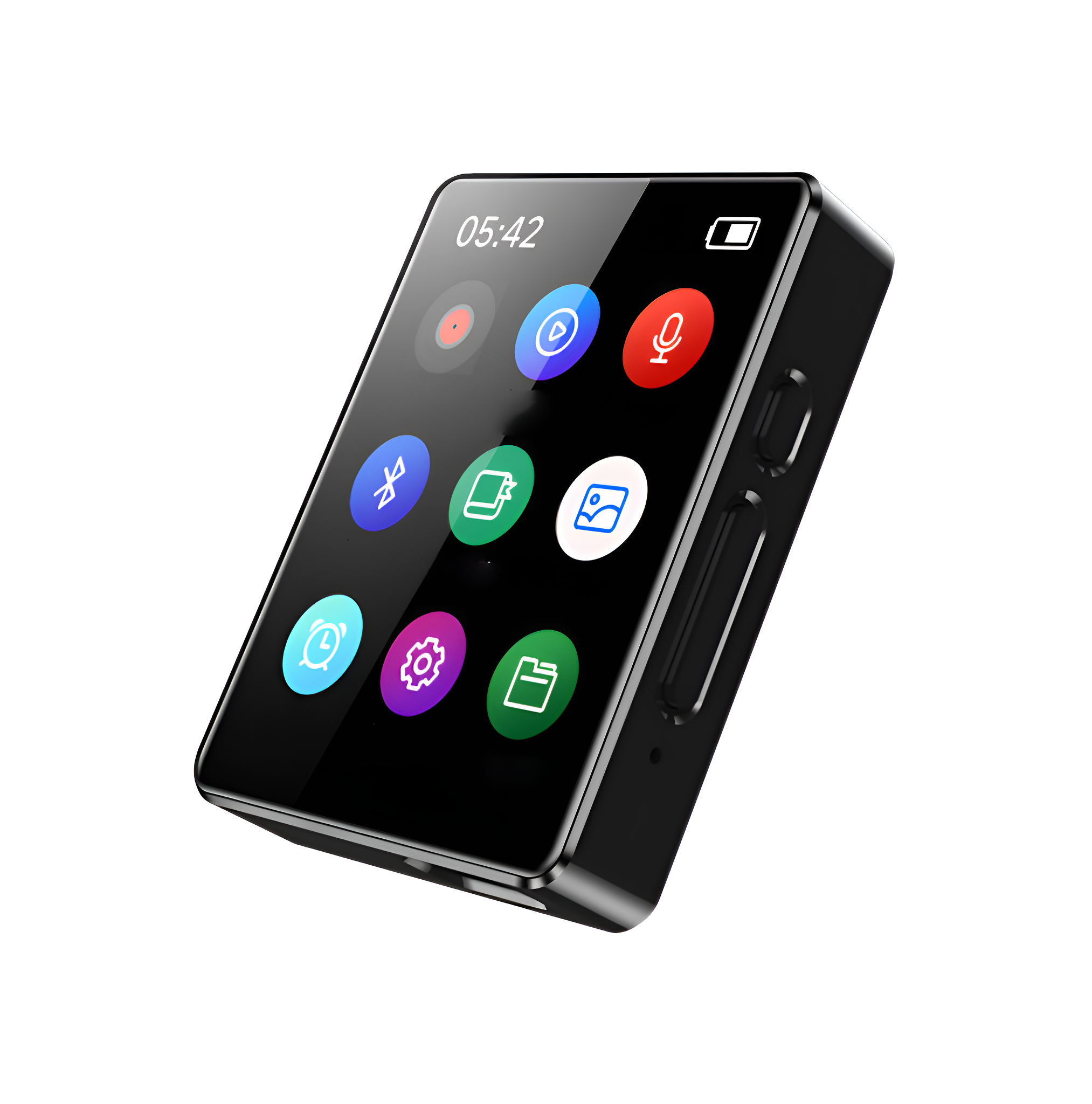 Schwarzer rechteckiger MP3-Player mit Bildschirm und Tasten. Er hat einige Symbole auf dem Bildschirm.