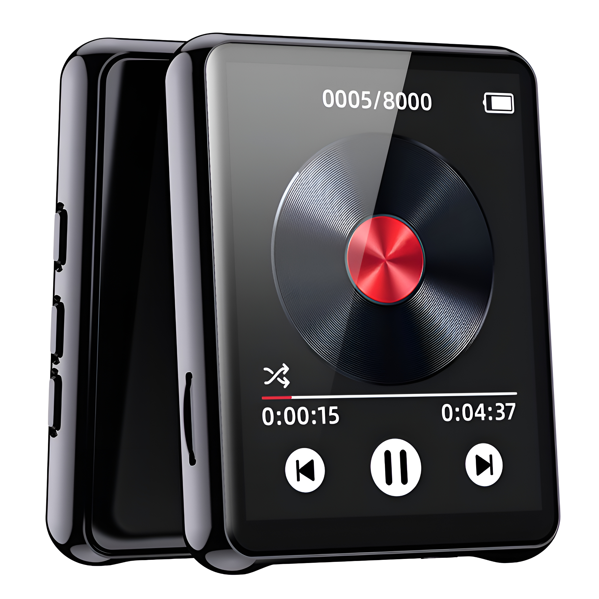 Zwei schwarze MP3-Player mit Wiedergabesteuerung und Bildschirm.