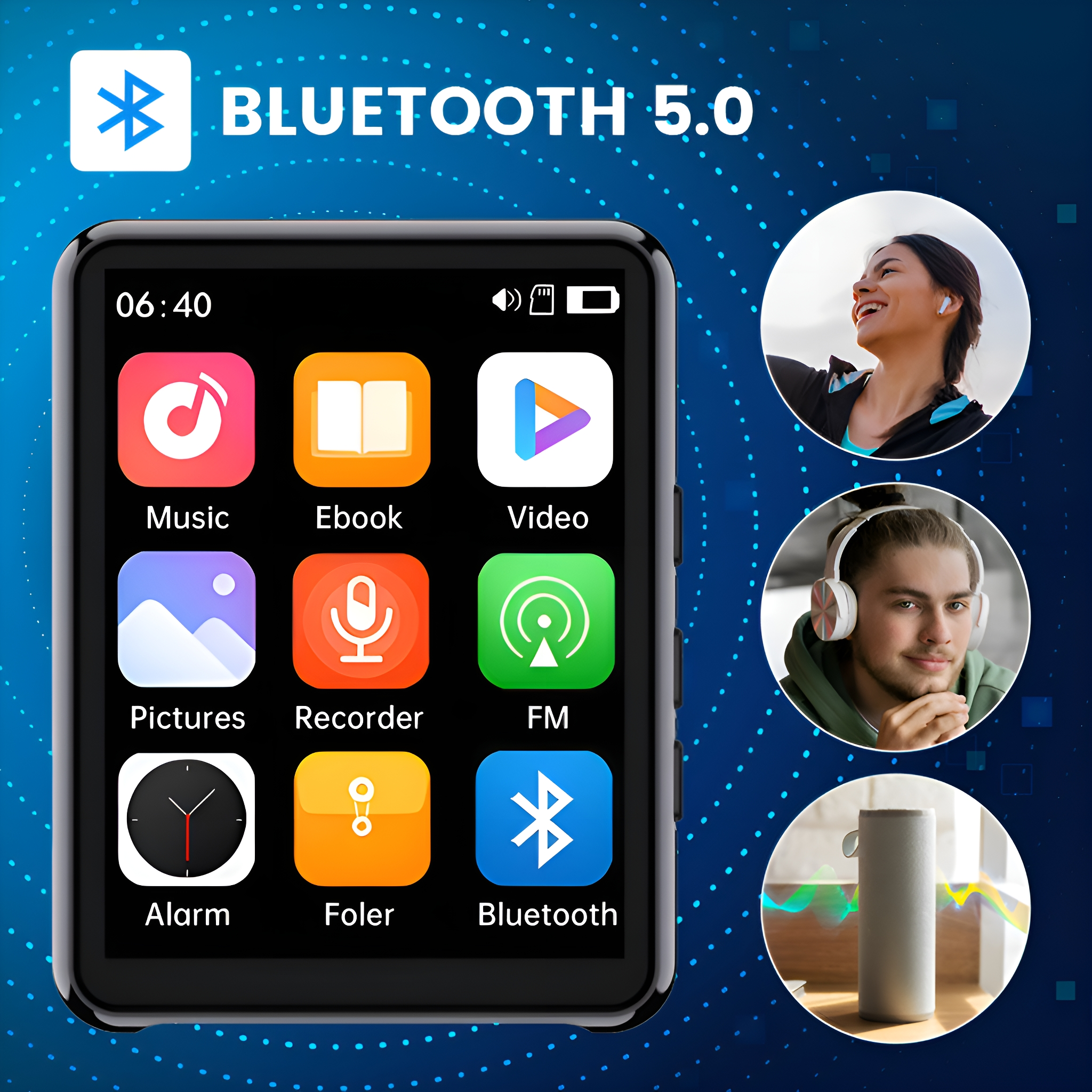 Schwarzer Mediaplayer mit bunten Symbolen. Drei Personen mit Kopfhörern und Bluetooth.