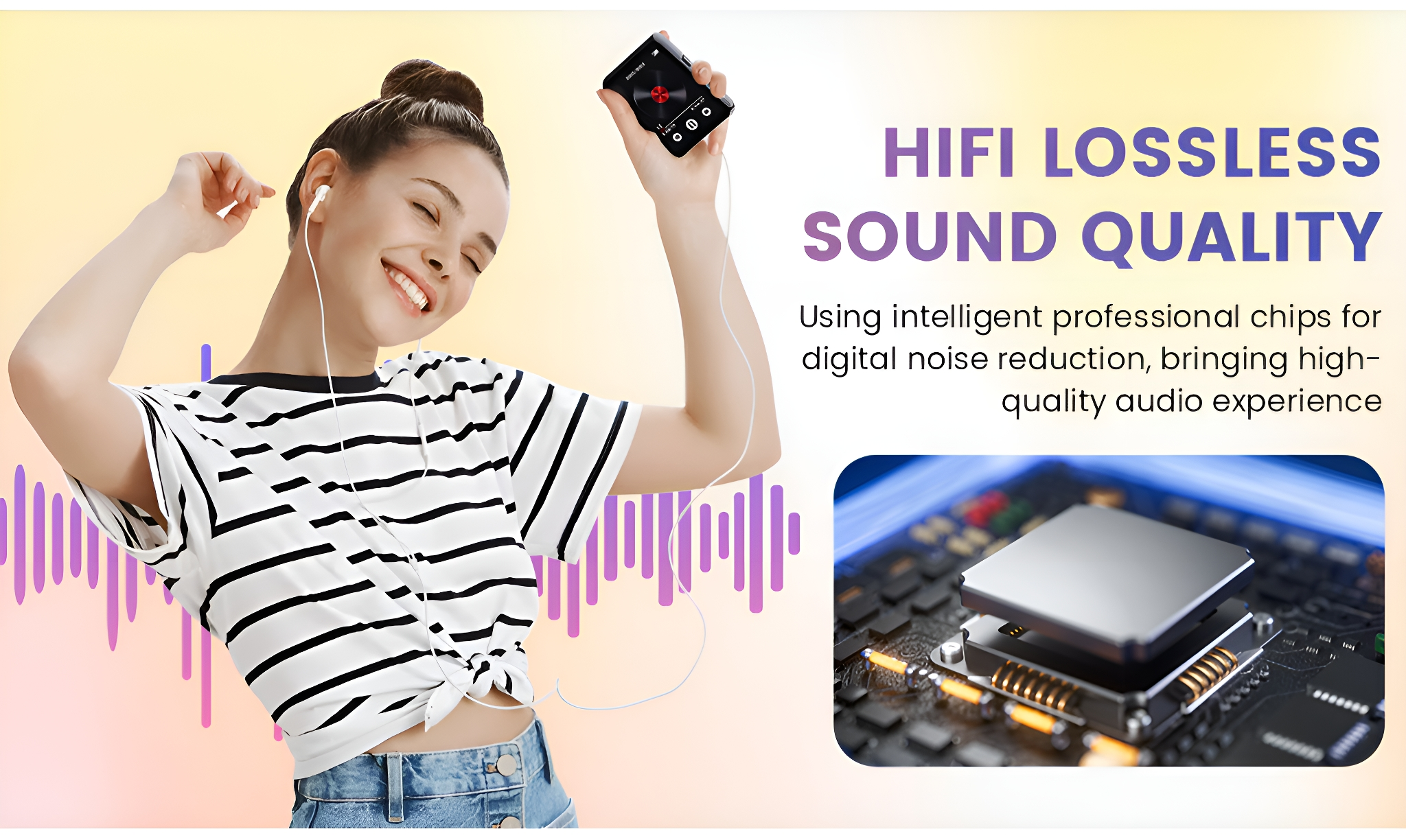 Frau mit Kopfhörern, lächelnd, hält einen Musikplayer. Text: HiFi Lossless Sound Quality.