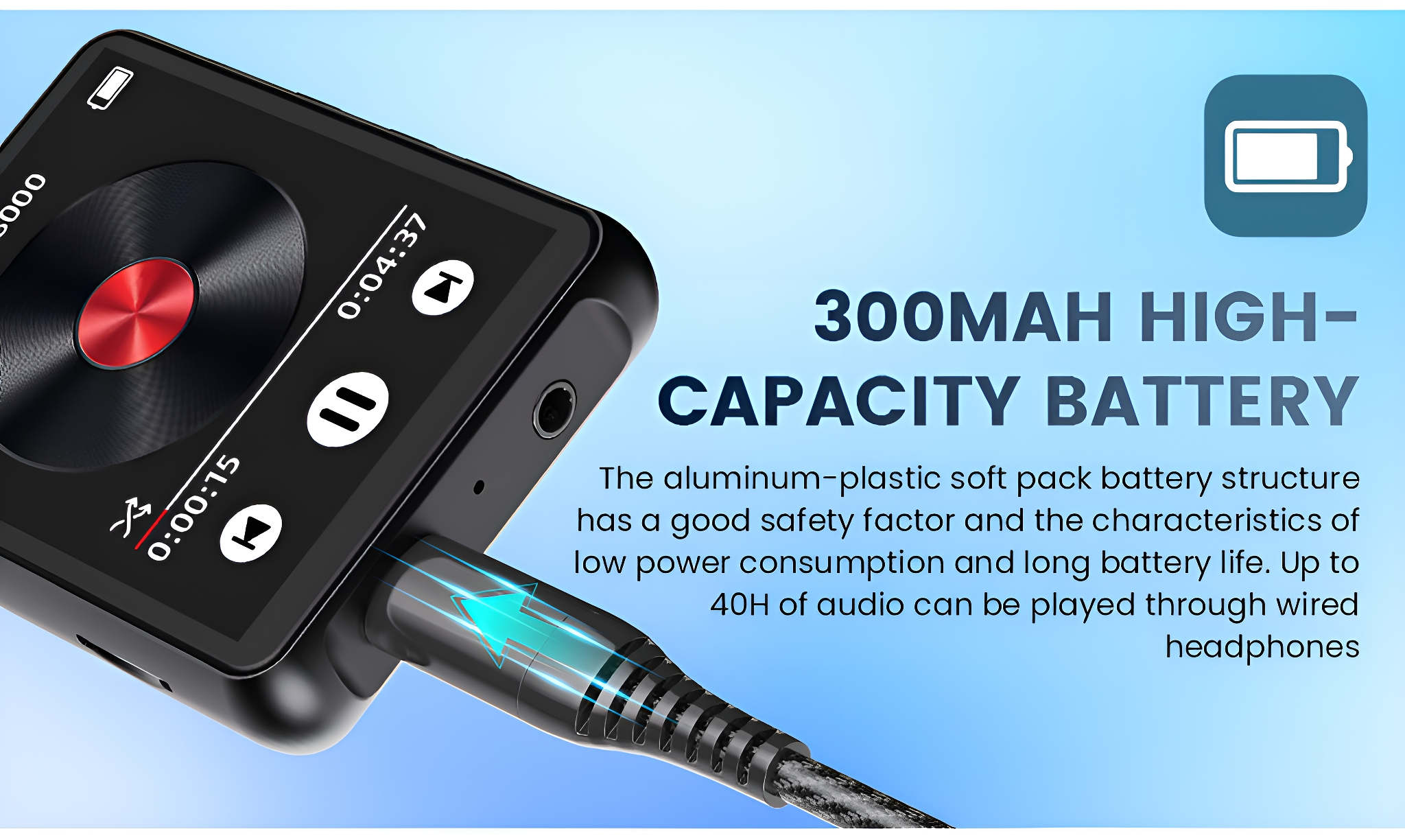Schwarzer MP3-Player mit Bildschirm, angeschlossenem USB-Kabel, Text über Akkulaufzeit.