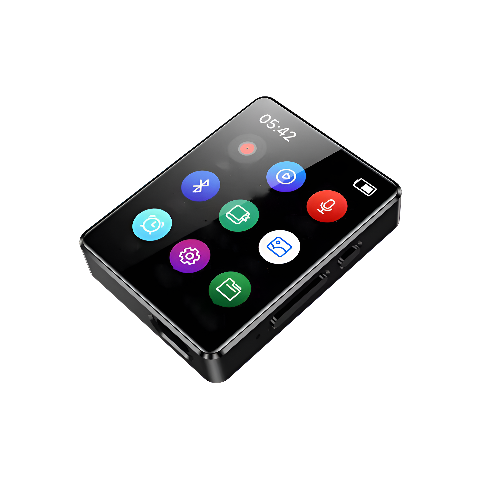 Schwarzer, tragbarer Media Player mit Touchscreen, der Symbole und Uhrzeit anzeigt, auf weißem Hintergrund.