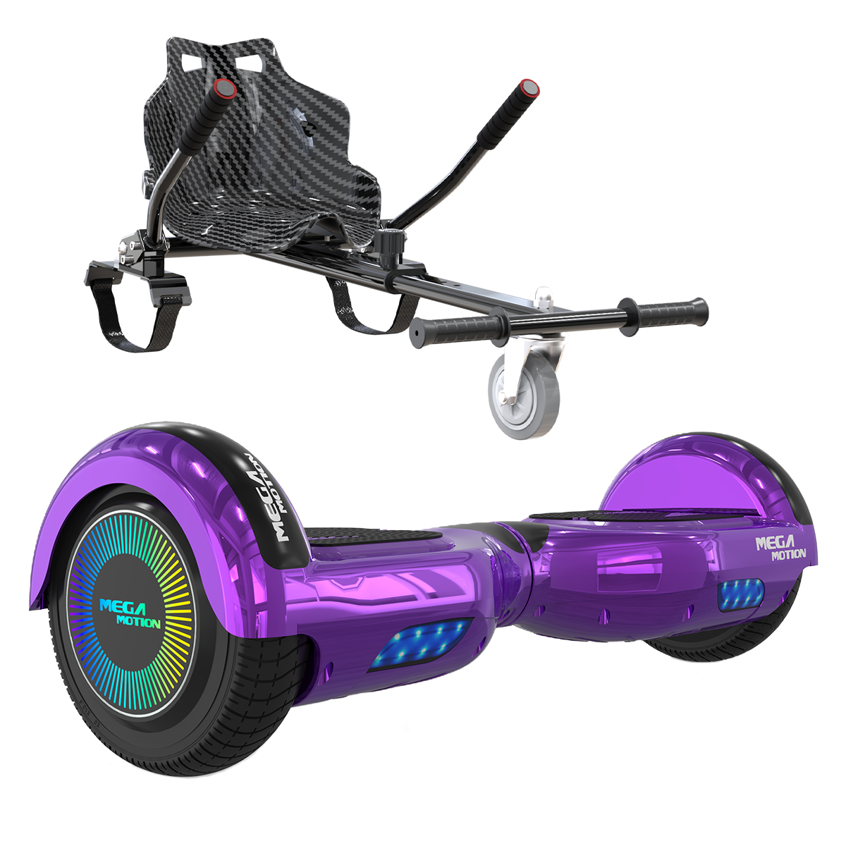 Lila Hoverboard mit Sitzbefestigung. Schwarz-lilafarbenes Design. Weißer Hintergrund.