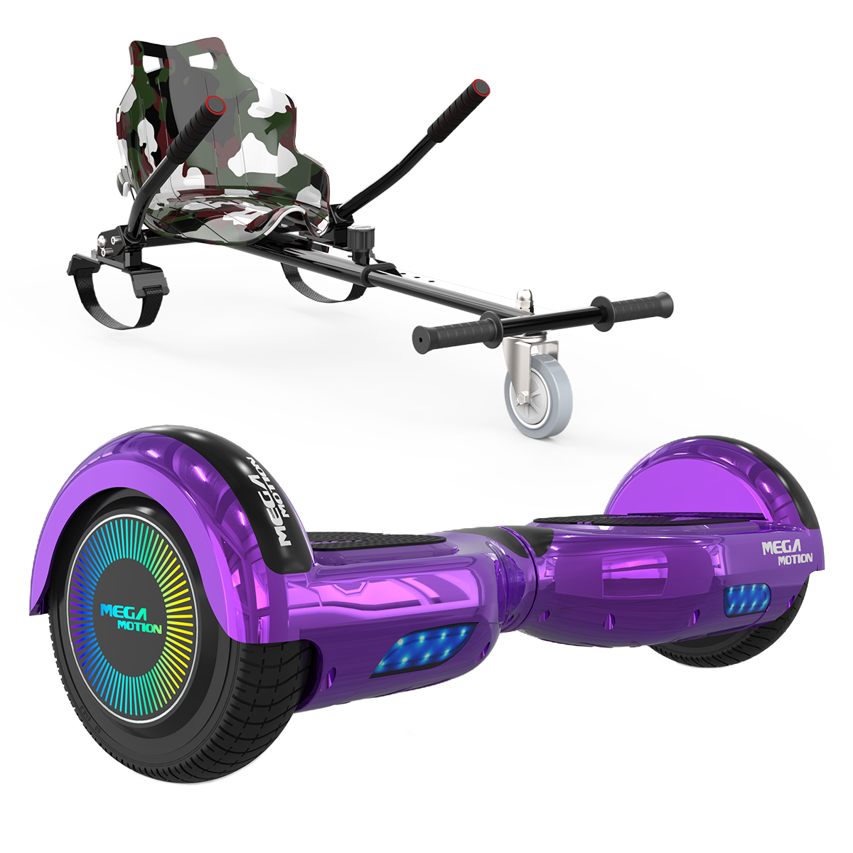Ein lila Hoverboard mit schwarzem Sitz und Griffen. Ein weißer Hintergrund ist vorhanden.