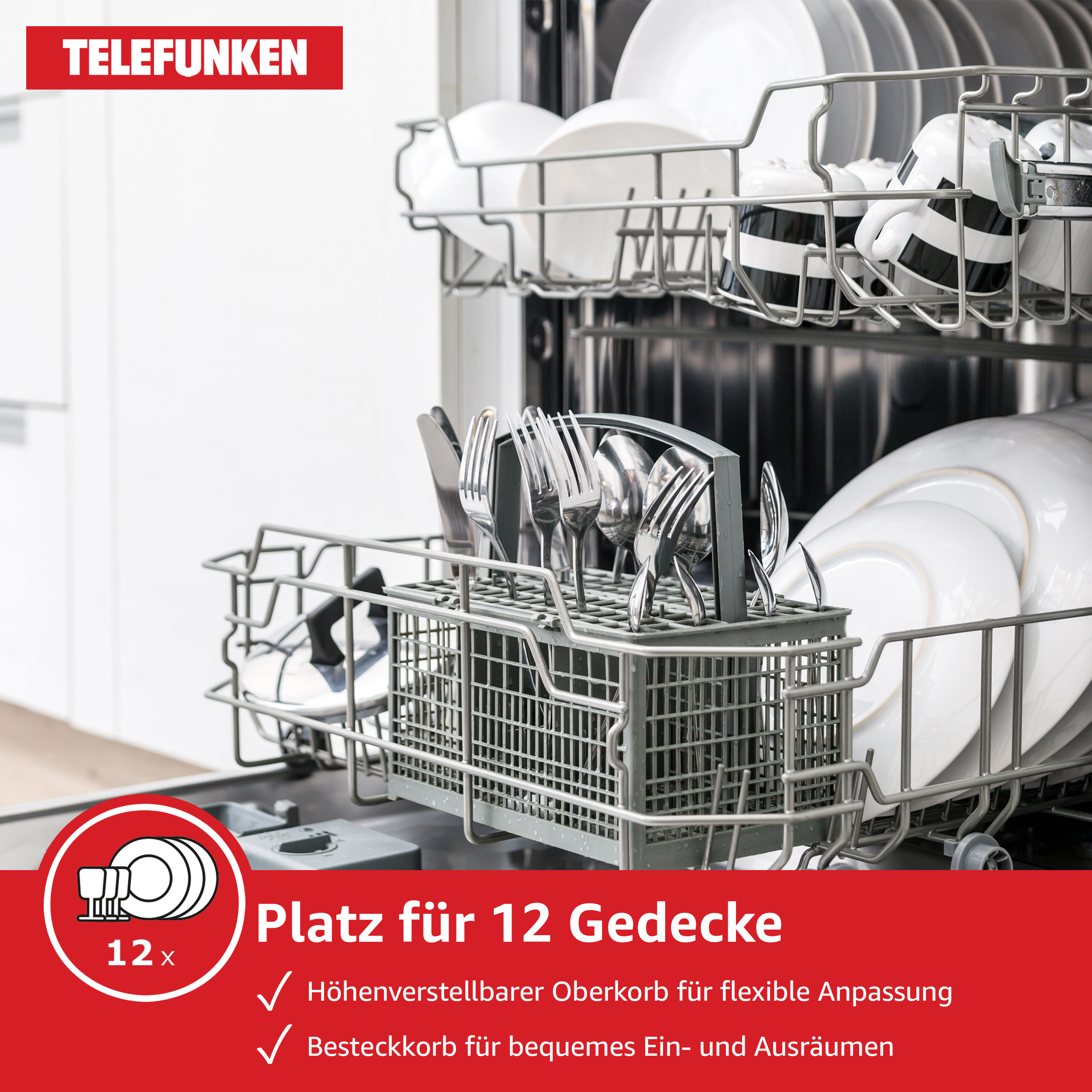 Geschirrspüler-Innenraum mit sauberem Geschirr, Besteckkorb und Text zu 12 Gedecken.