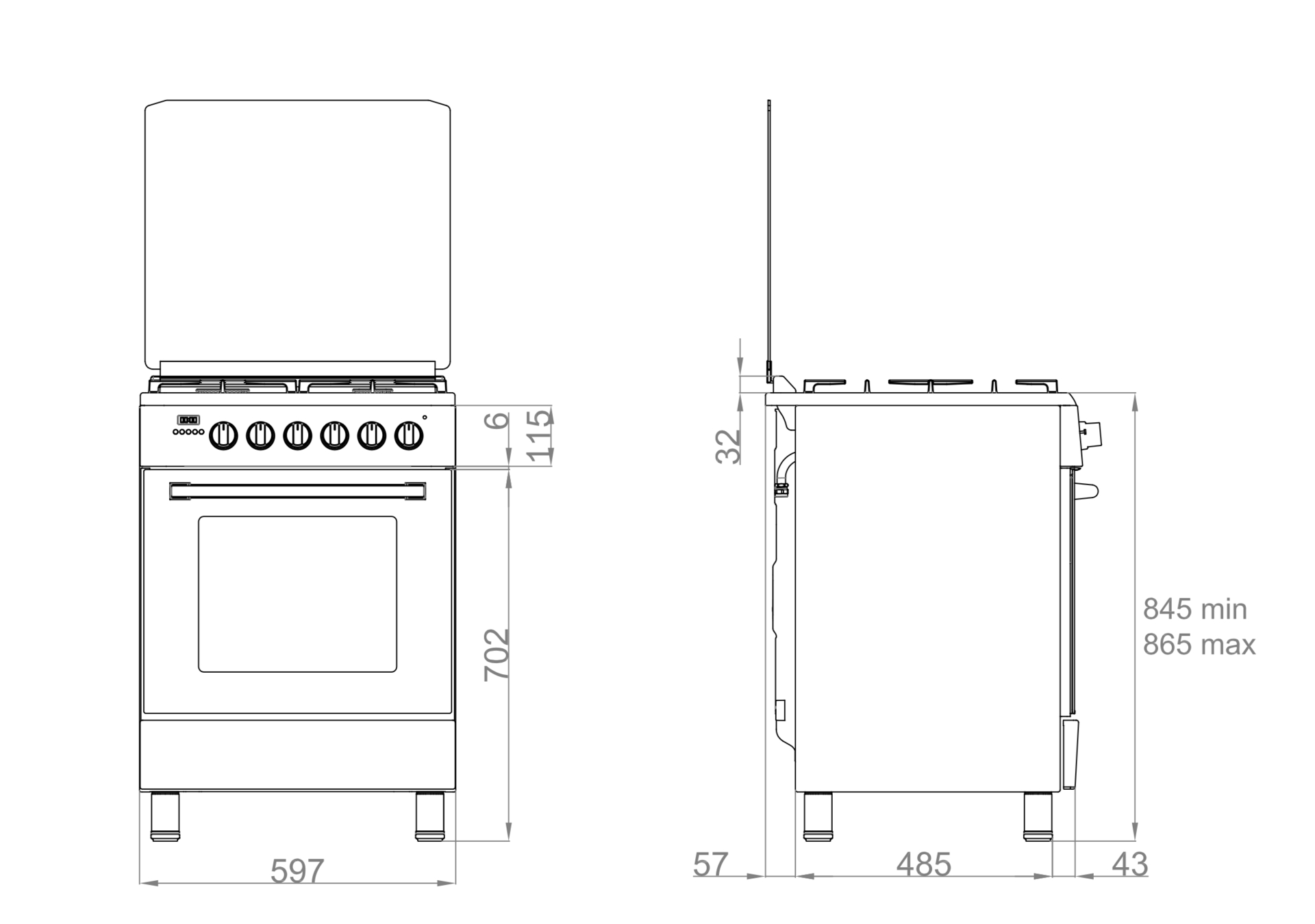 Diagramme d'une cuisinière, vues de face et de côté, avec mesures.