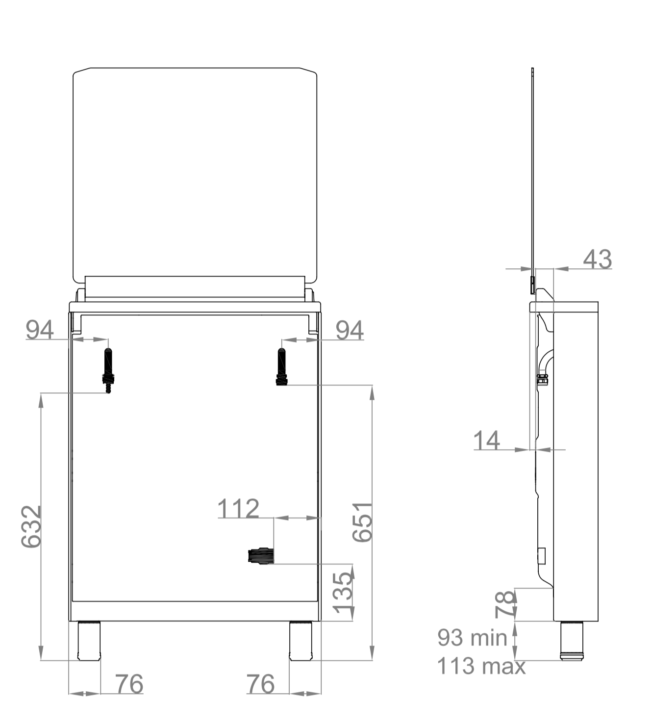 Dessin technique d'une machine, avec dimensions et étiquettes sur fond blanc.
