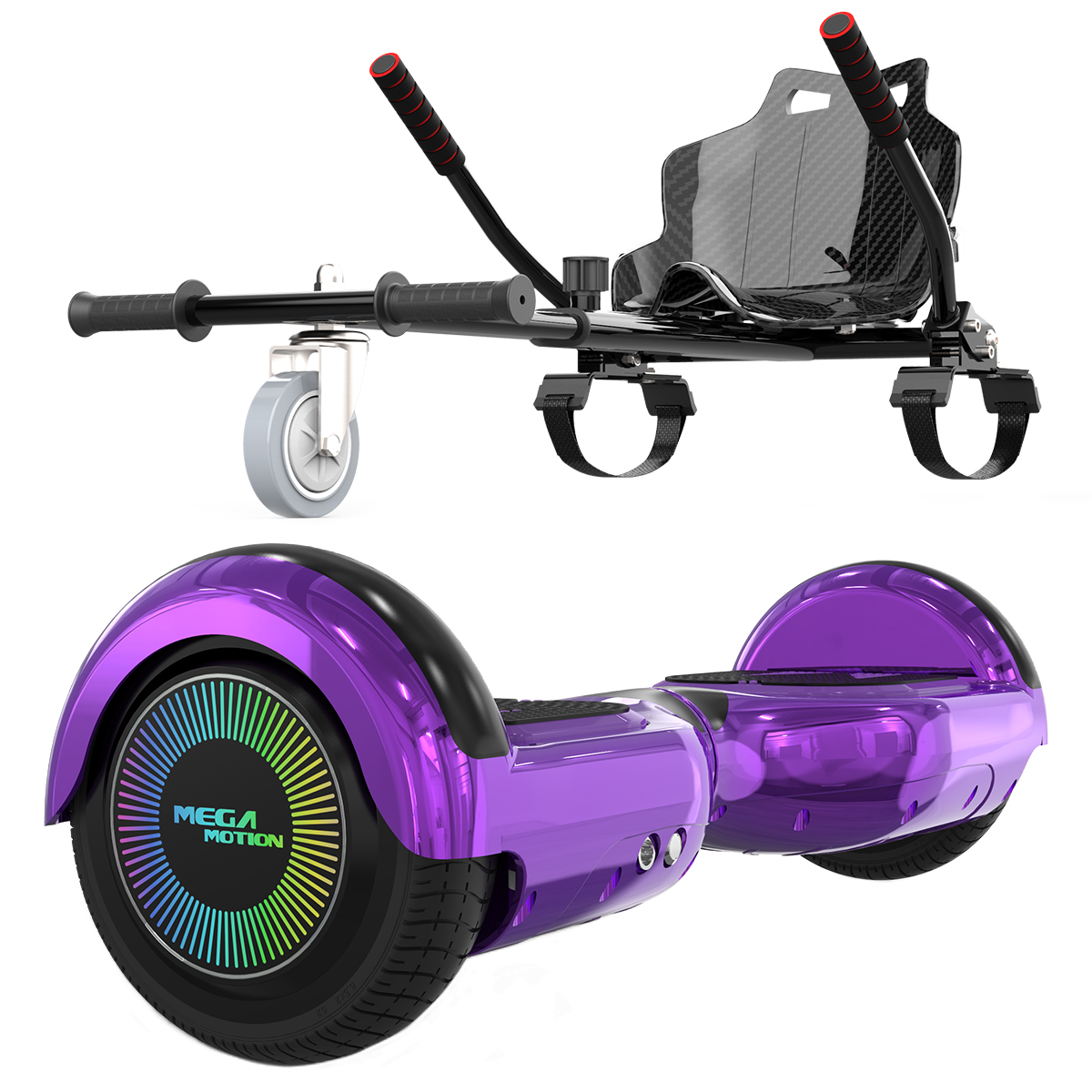 Lila Hoverboard und ein schwarzer Sitzaufsatz. Hoverboard hat farbige Lichter.