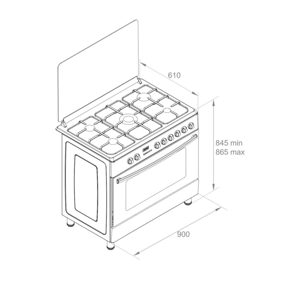 Oven with 6 burners and a top cover, with dimensions of 610x900x845/865.
