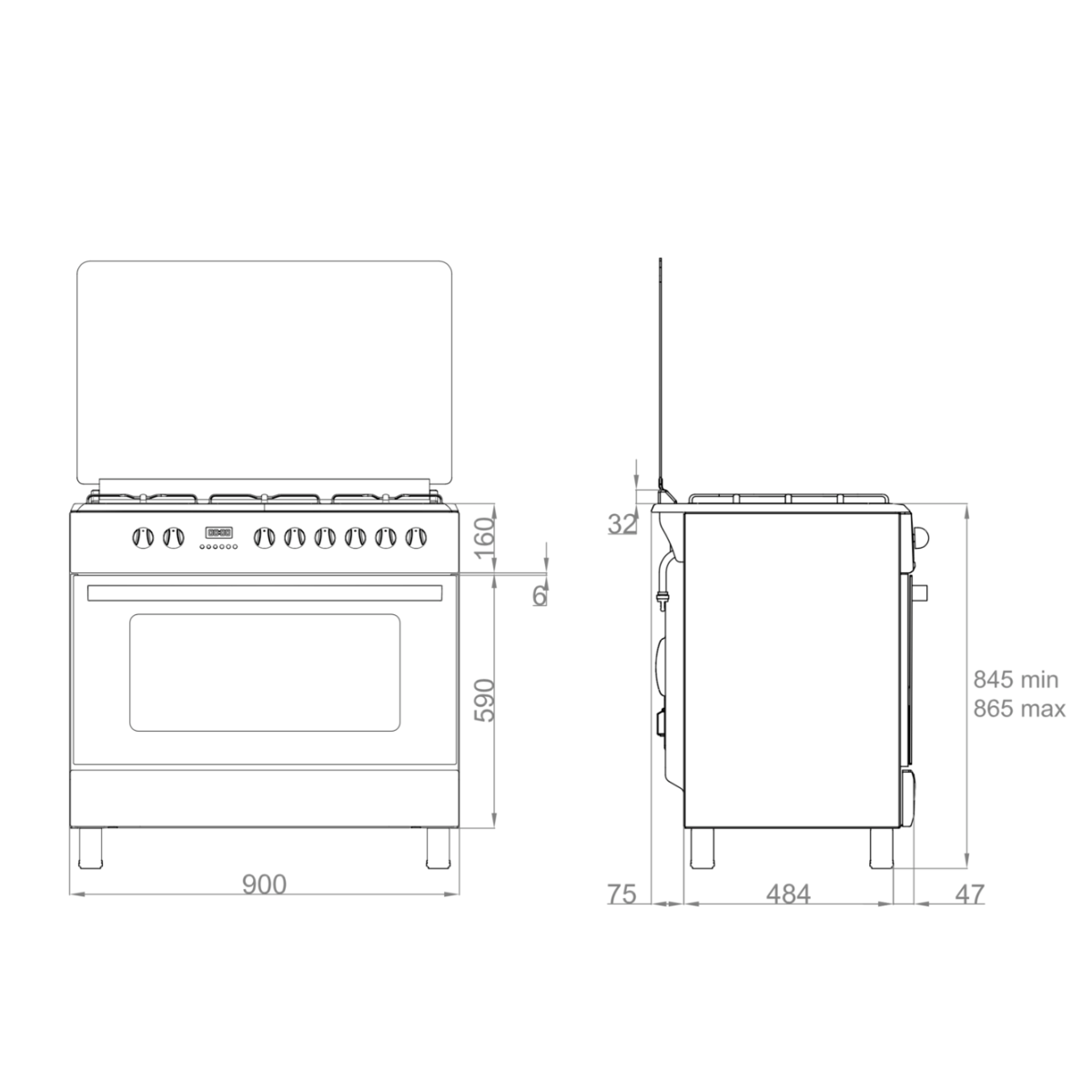 Technical drawing of a stove, side and front view. Shows measurements and dimensions. White background.