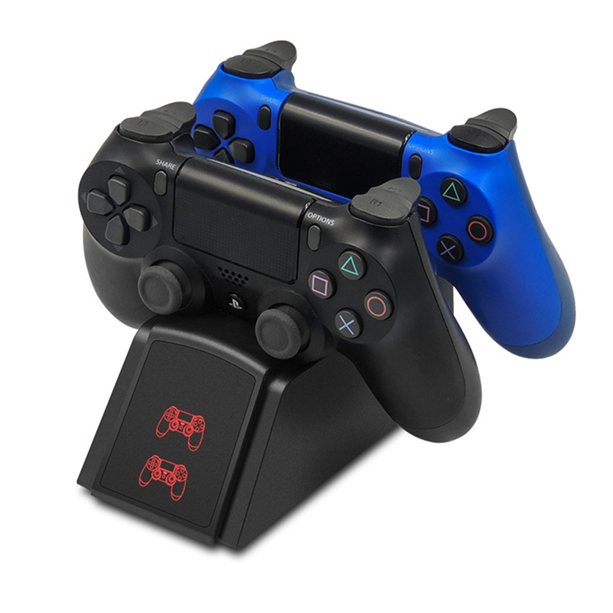 Zwei Gamecontroller, schwarz und blau, auf einem schwarzen Ladeständer.