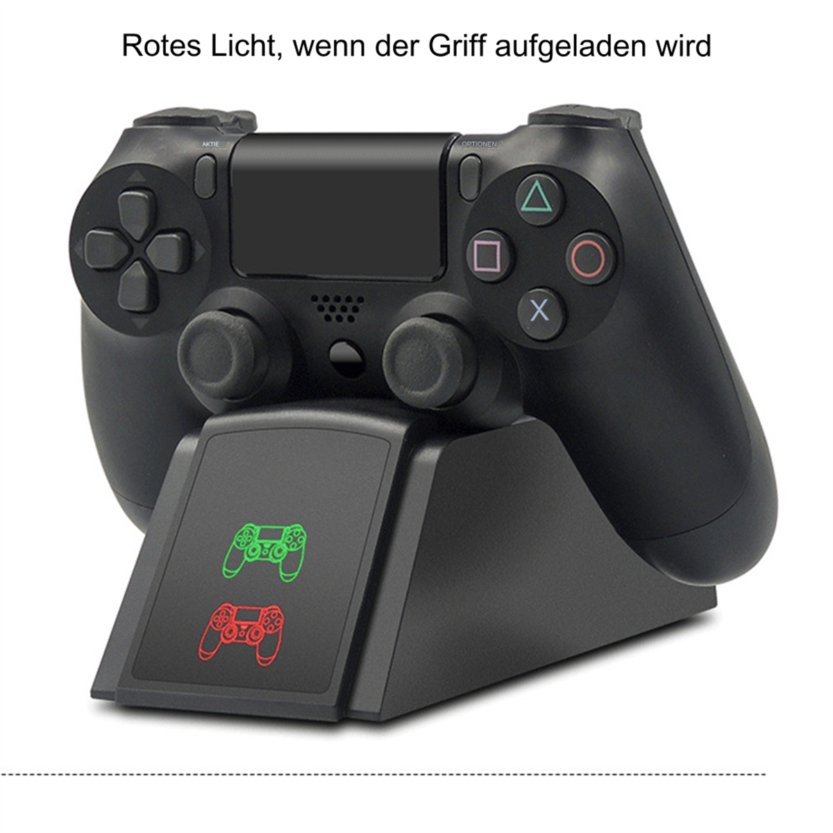 Ein schwarzer PlayStation-Controller, der auf einem Ständer aufgeladen wird. Text: Rotes Licht beim Laden.