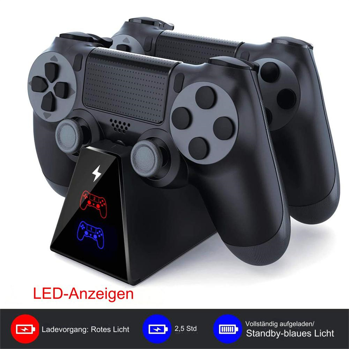 Zwei schwarze Gamecontroller auf Ladegerät. LED zeigt Ladestatus: rot, dann blau.