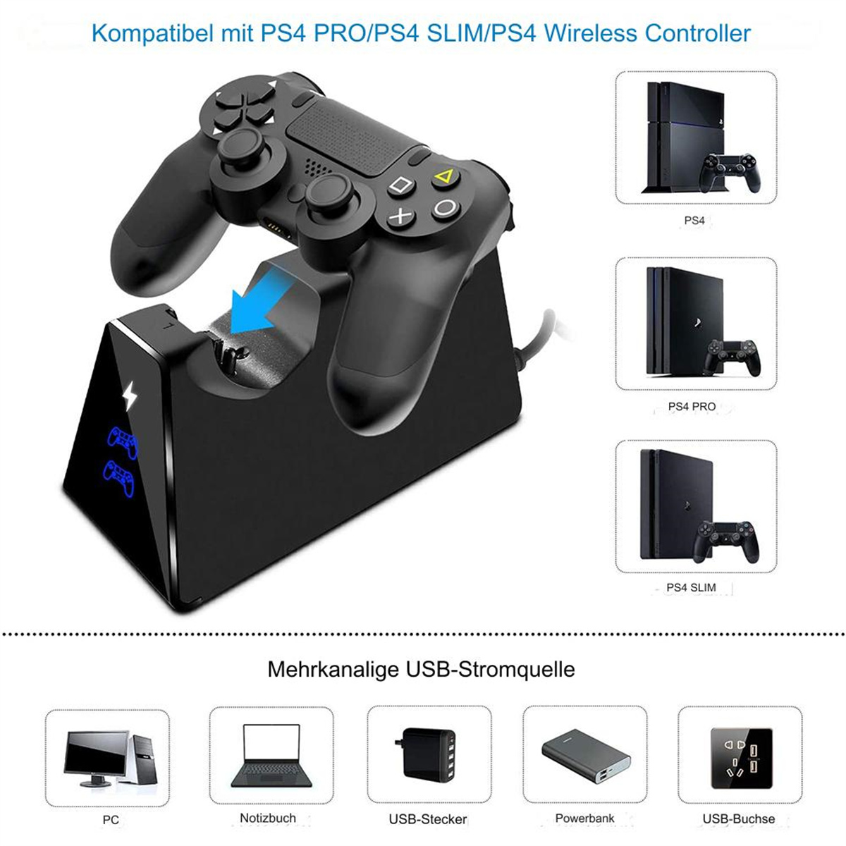 Eine schwarze Ladestation mit zwei Controllern und PS4-Konsolenbildern.