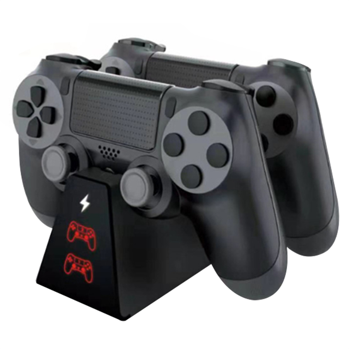 Schwarze PS4-Controller auf einer Ladestation mit Blitzlogo.