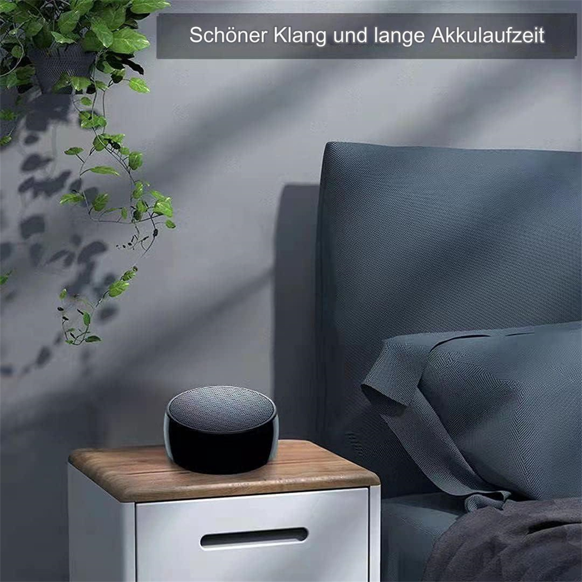Schwarzer Smart-Lautsprecher auf einem Nachttisch aus Holz mit Pflanze, vor grauer Wand.