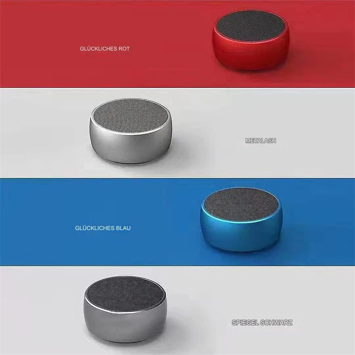 Vier kleine Lautsprecher in verschiedenen Farben: rot, silber, blau und silber. Jeder hat ein schwarzes Mesh.