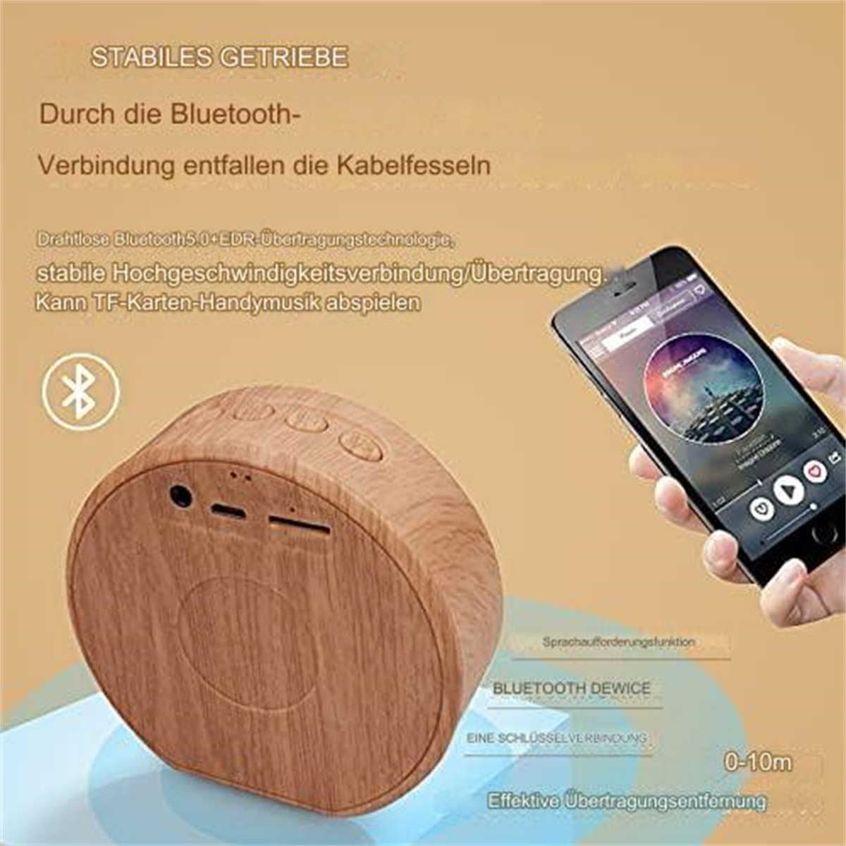Holz-Lautsprecher mit Handy, das Musik-App zeigt, und Text über Bluetooth.