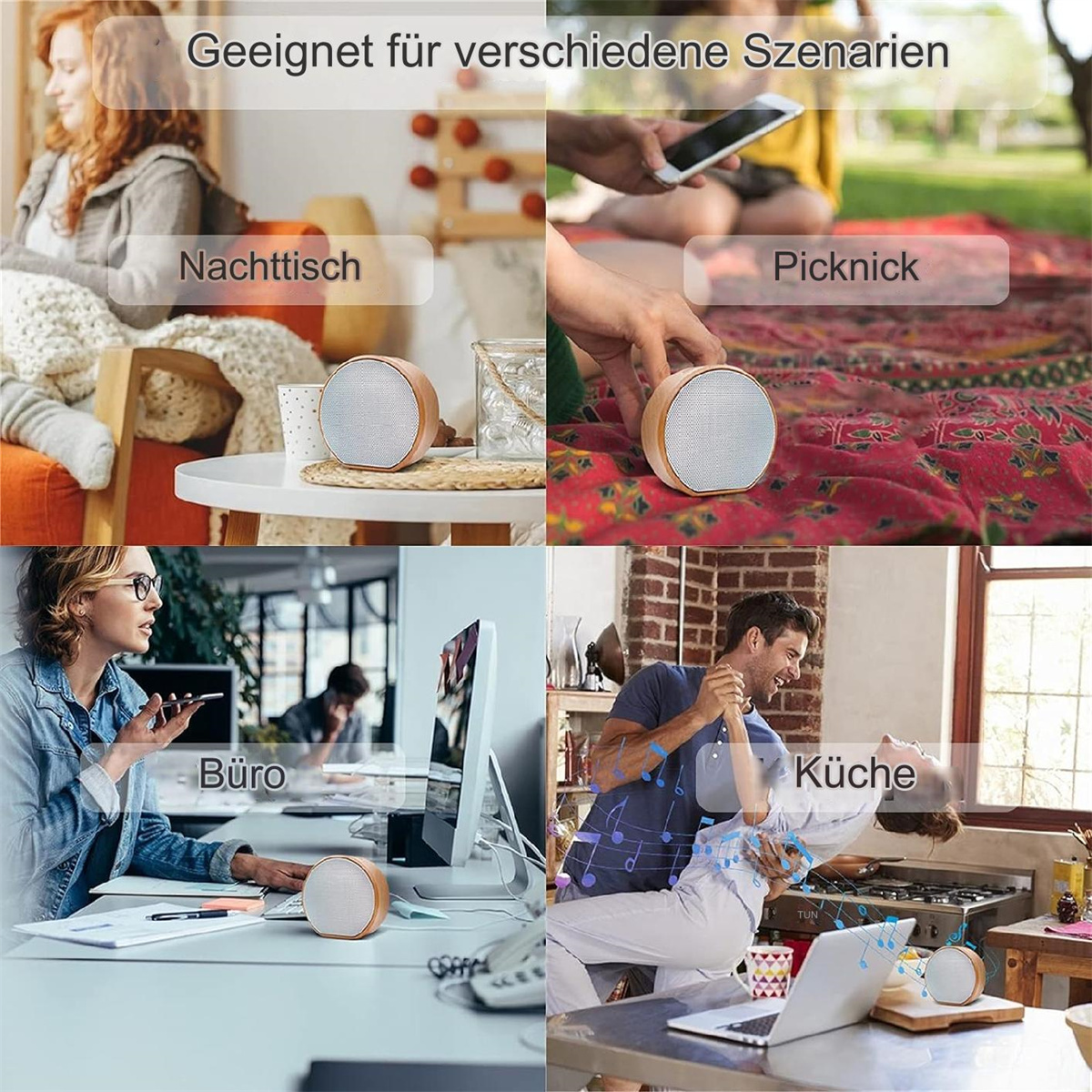 Vier Bilder, die tragbare Lautsprecher in verschiedenen Umgebungen zeigen: Zuhause, Picknick, Büro und Küche.