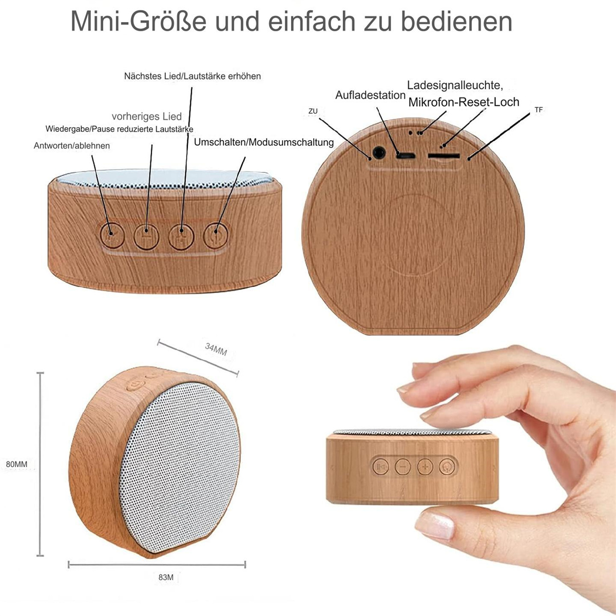 Kleiner hölzerner Lautsprecher mit Knöpfen und Anschlüssen. Hand zeigt auf Bedienelemente und Abmessungen.