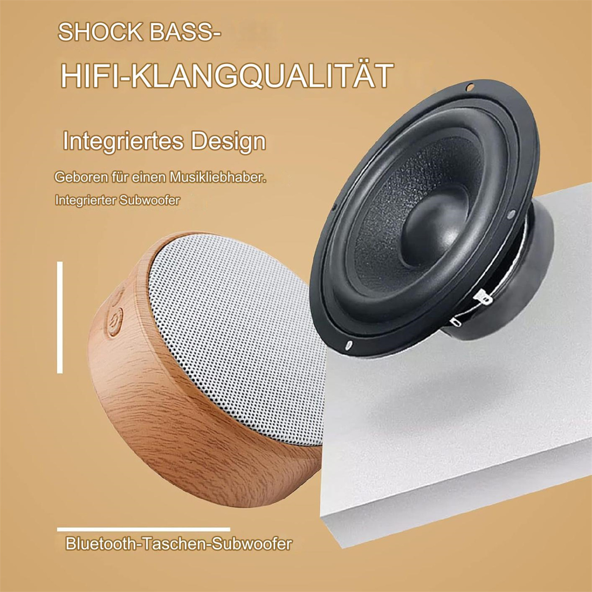 Ein Holz-Lautsprecher mit Lautsprecher und separatem Tieftöner. Text: SHOCK BASS-HI-FI-KLANGQUALITÄT.