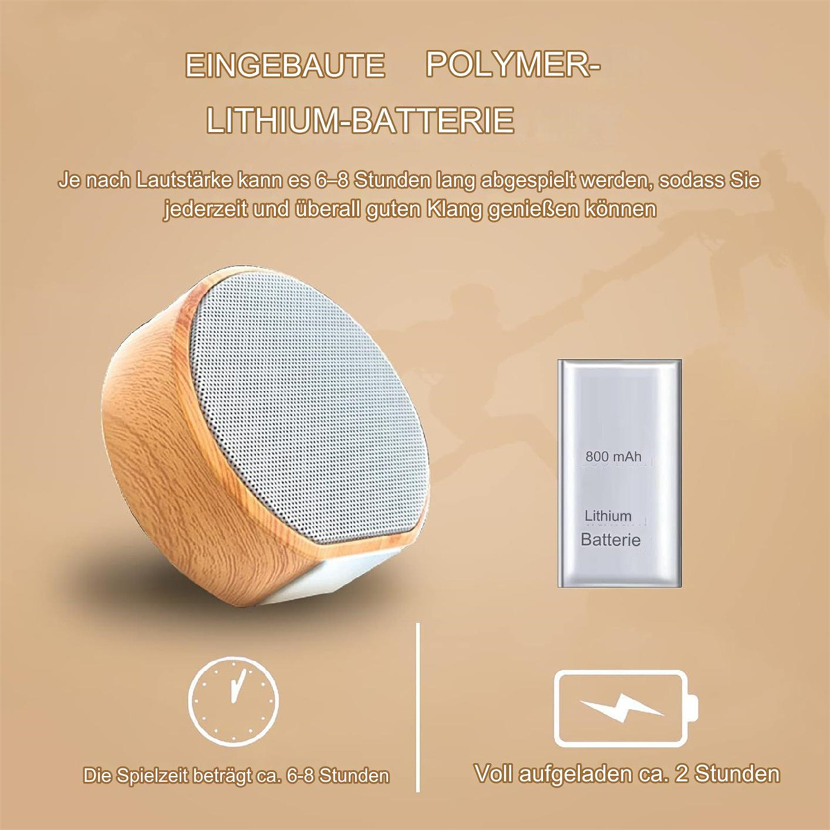 Holzlautsprecher mit Grafik und Text über Akkulaufzeit und Ladezeit.