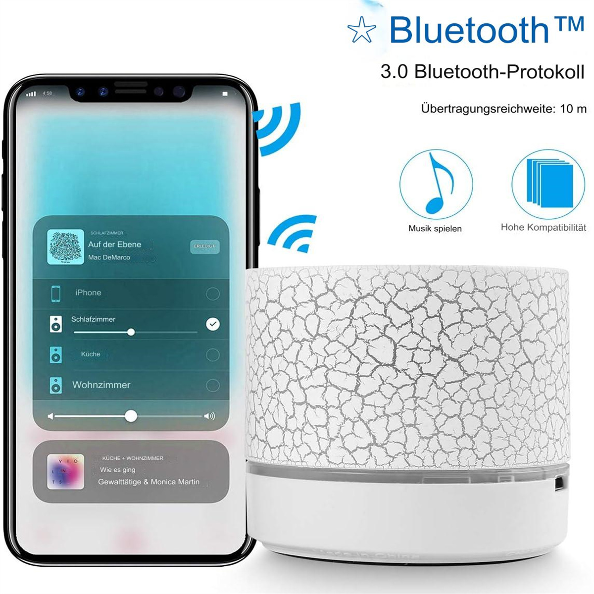 Smartphone mit Musik-App neben einem weißen Lautsprecher mit rissiger Oberfläche, Bluetooth-Verbindung.
