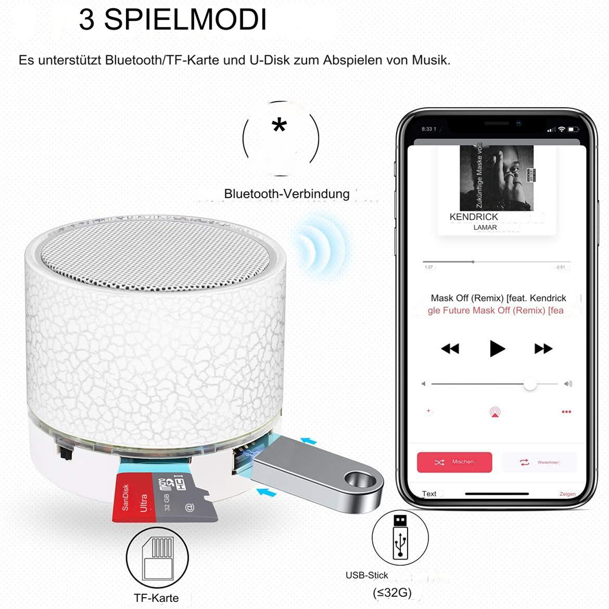 Ein weiß-silberner Lautsprecher mit Telefon, Musiksteuerung und USB-Stick.